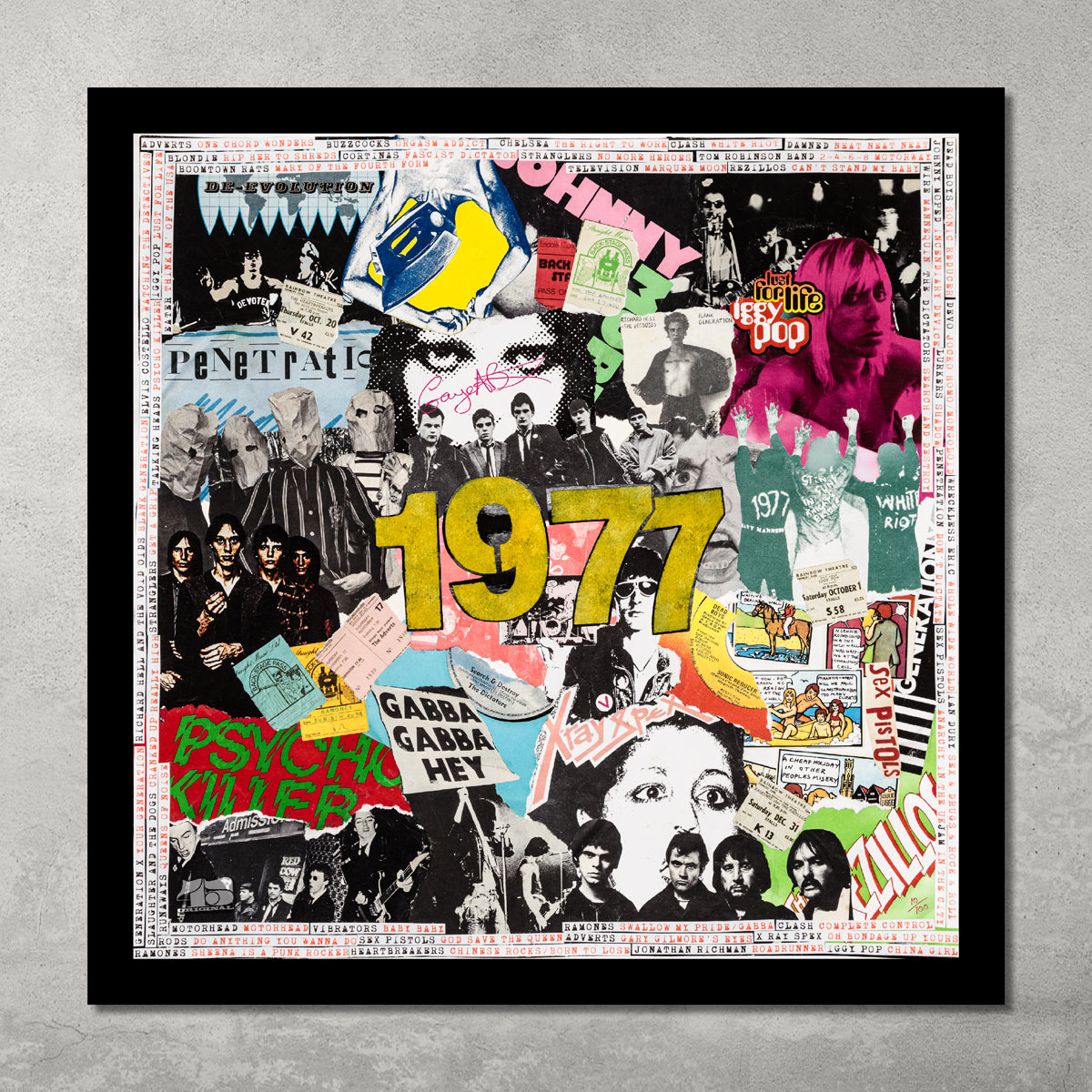The 1977 – Punk Rock poster print from My Store is a limited edition of just 100, signed by Gaye Black, featuring vivid band photos and punk graphics with bold yellow 1977 text, framed in black—perfect for music fans and collectors.