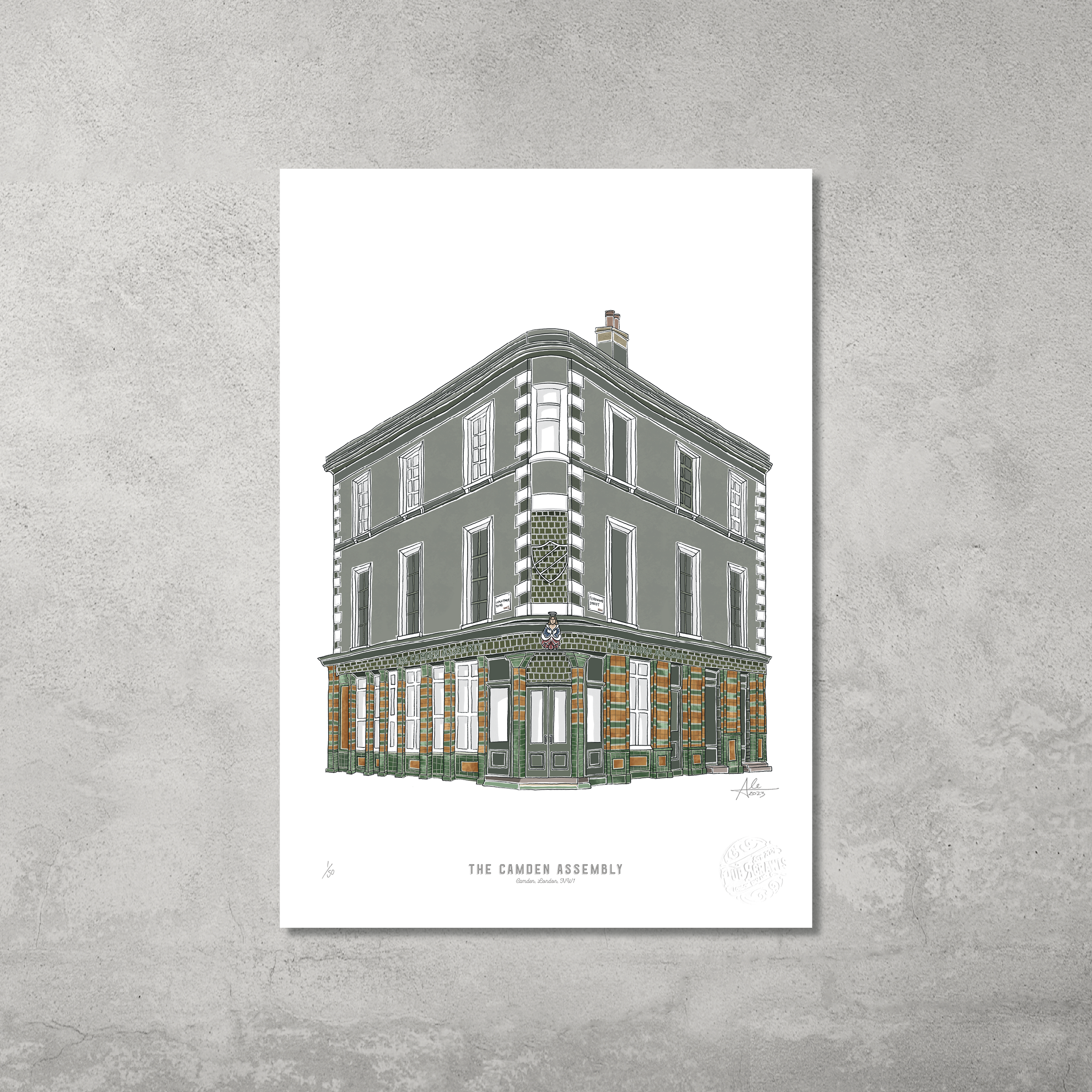 The Camden Assembly – Limited Edition of 50, A3 colour print by 45 Original, features a detailed illustration of the iconic Camden pub with its name below. Ideal for any Camden Pub Crawl collection and perfect on any textured gray wall.