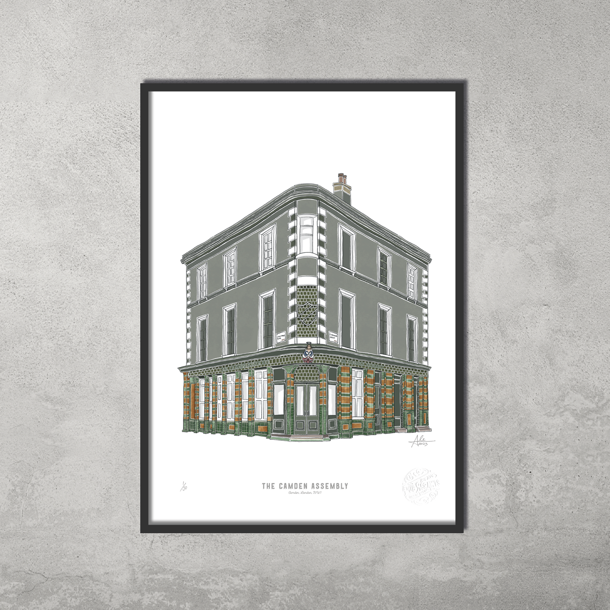 The Camden Assembly – Limited Edition of 50 A3 Colour Prints by 45 Original features the pubs green and white facade with large windows, set against a grey textured wall—perfect for any Camden Pub Crawl enthusiast.