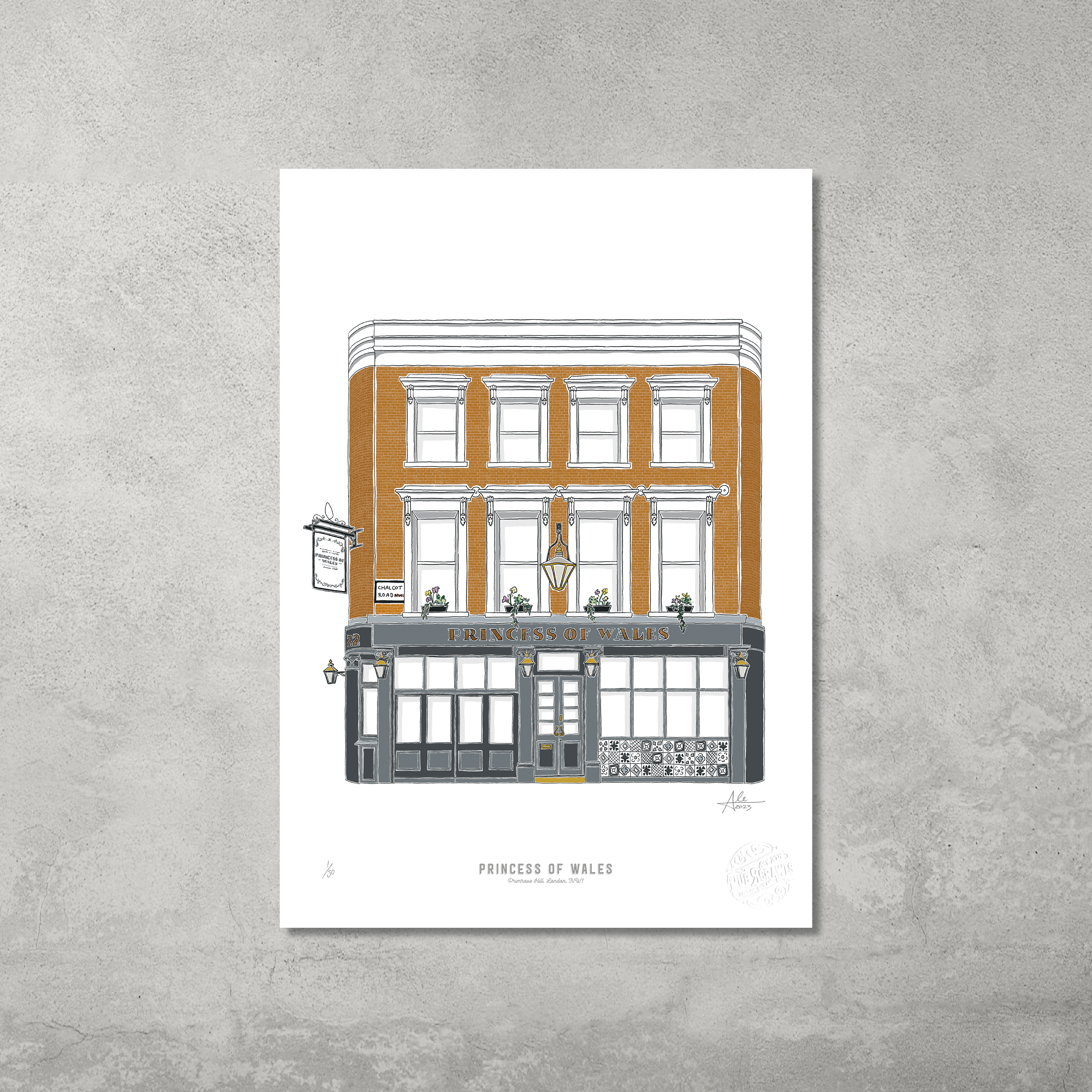 Showcasing the Princess of Wales pub in a minimalist style, this A3 colour print by 45 Original is a limited edition of 50—perfect for Hampstead & Highgate Pub Crawl fans.