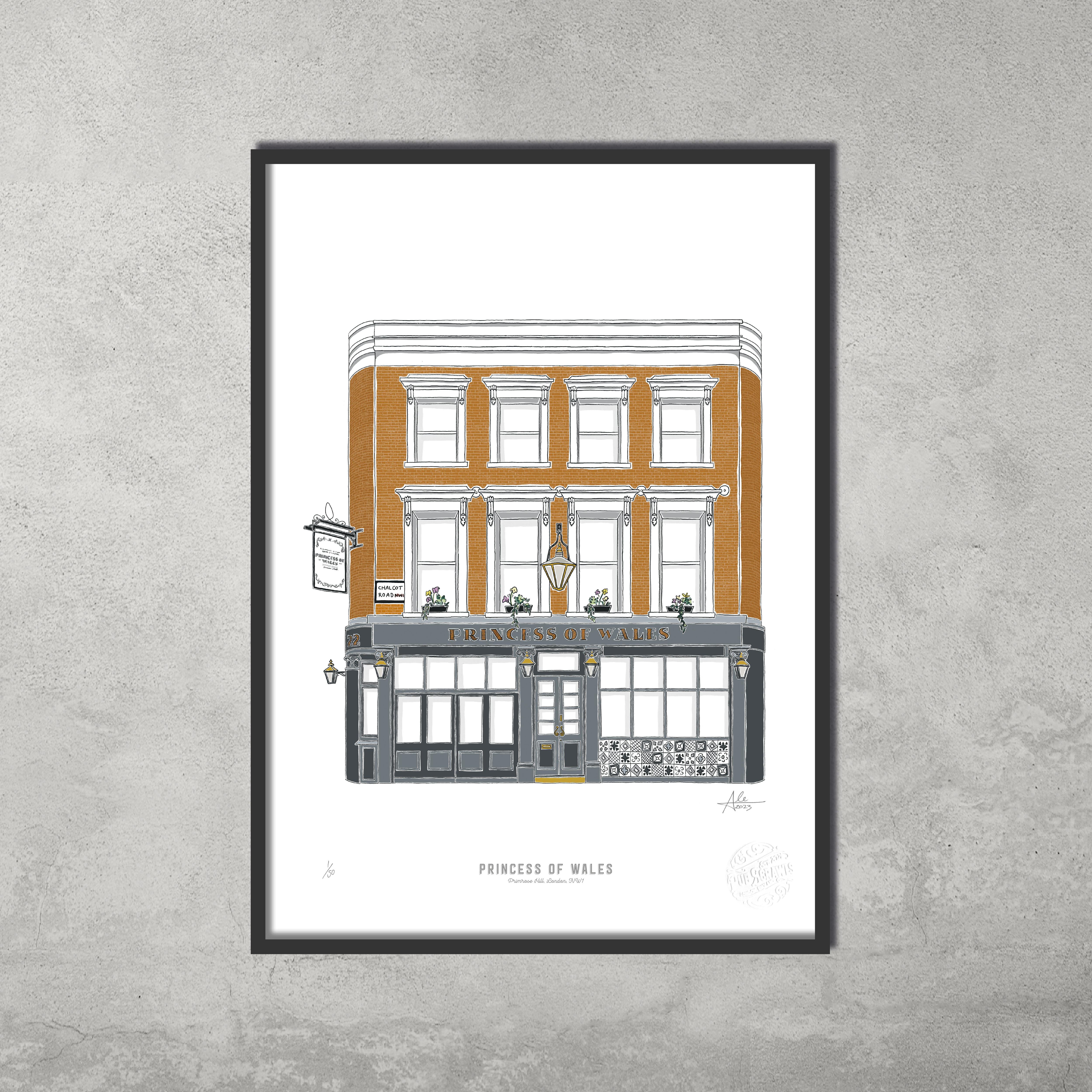 A framed 45 Original Princess of Wales – Limited Edition of 50 – A3 Colour Prints features the iconic three-story pub from the Hampstead & Highgate Pub Crawl, displayed on a light gray textured wall.