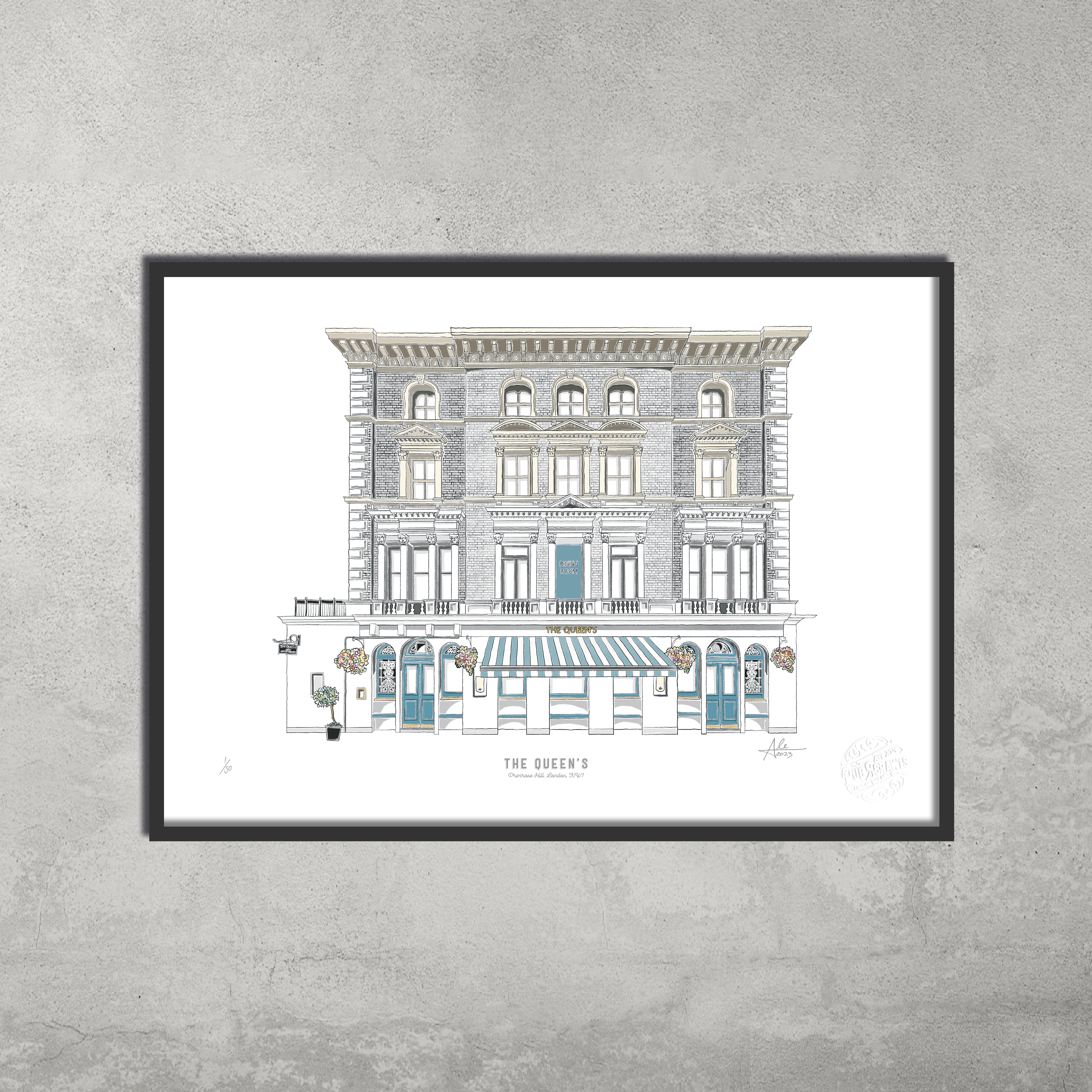 The Queens – Limited Edition of 50 A3 colour prints by 45 Original features its iconic symmetrical facade with balconies, blue doors, arched windows, and a striped awning—ideal for giclée art lovers and pub crawl enthusiasts.