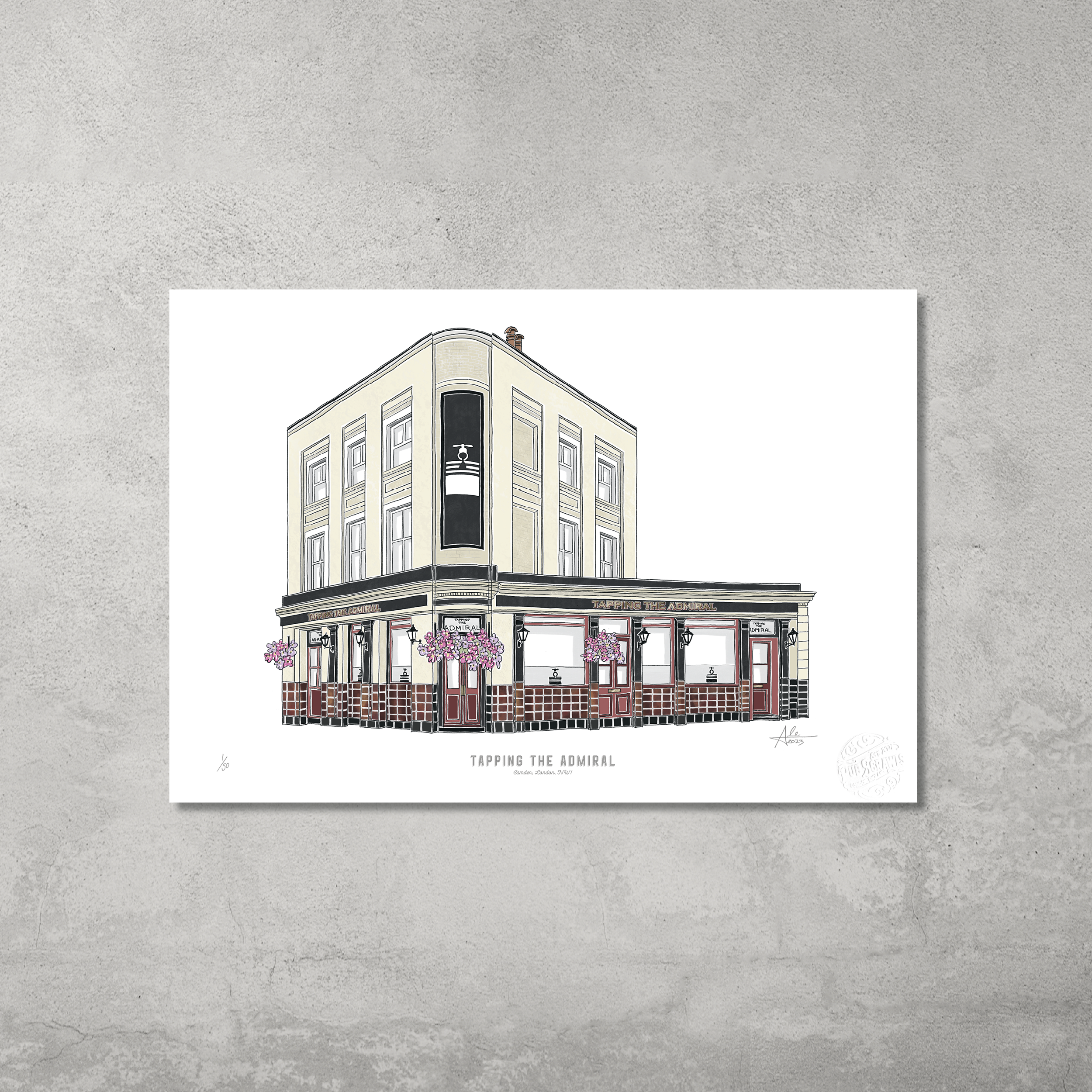 Tapping The Admiral – Limited Edition of 50 A3 Colour Prints by 45 Original: a detailed pub illustration featuring its cream façade, flower baskets, and large windows—an ideal gift for Hampstead & Highgate Pub Crawl fans.