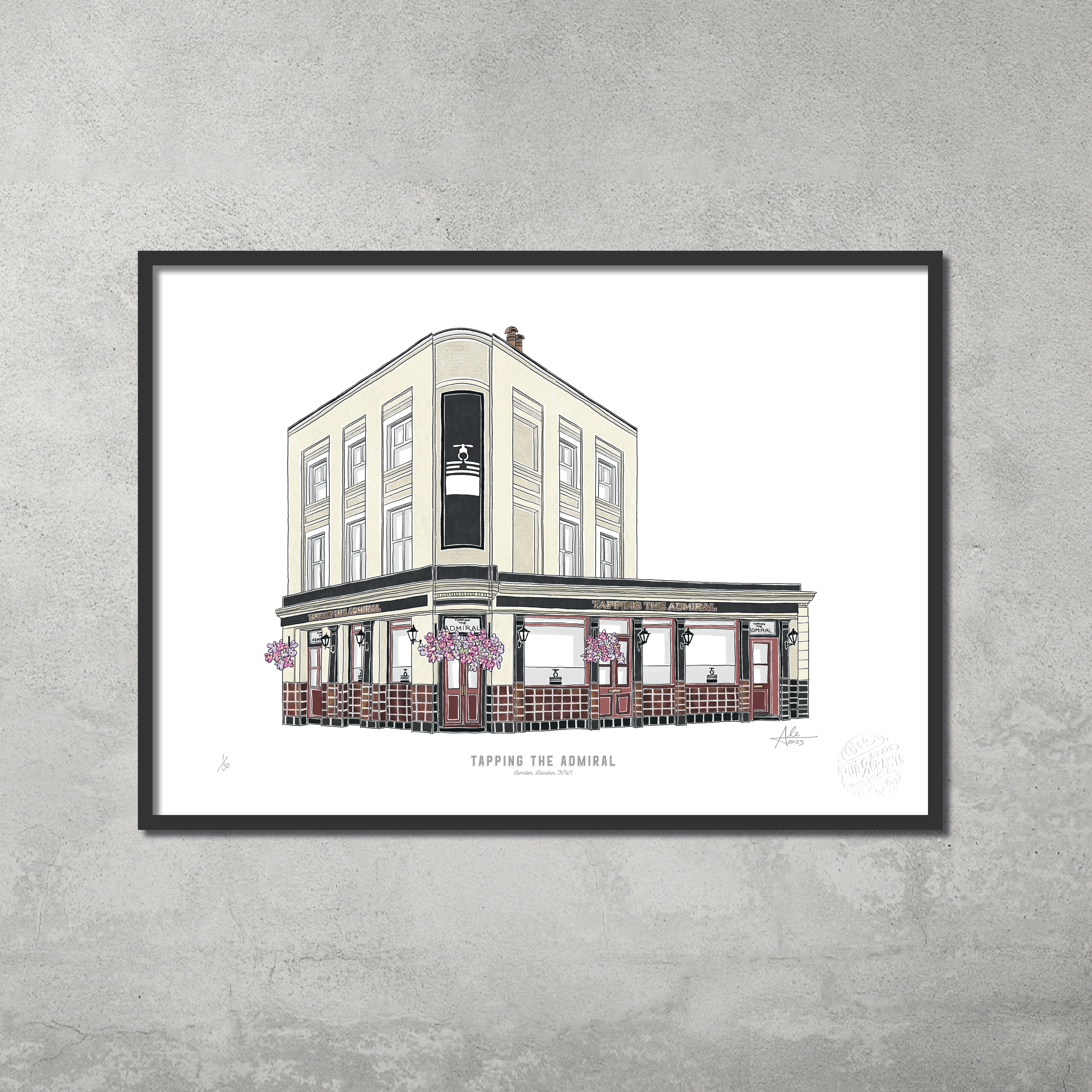 45 Original’s A3 colour print features Tapping The Admiral from the Hampstead & Highgate Pub Crawl—beige upper floor, maroon and white ground, flowers, black frame. Limited edition of 50 available.