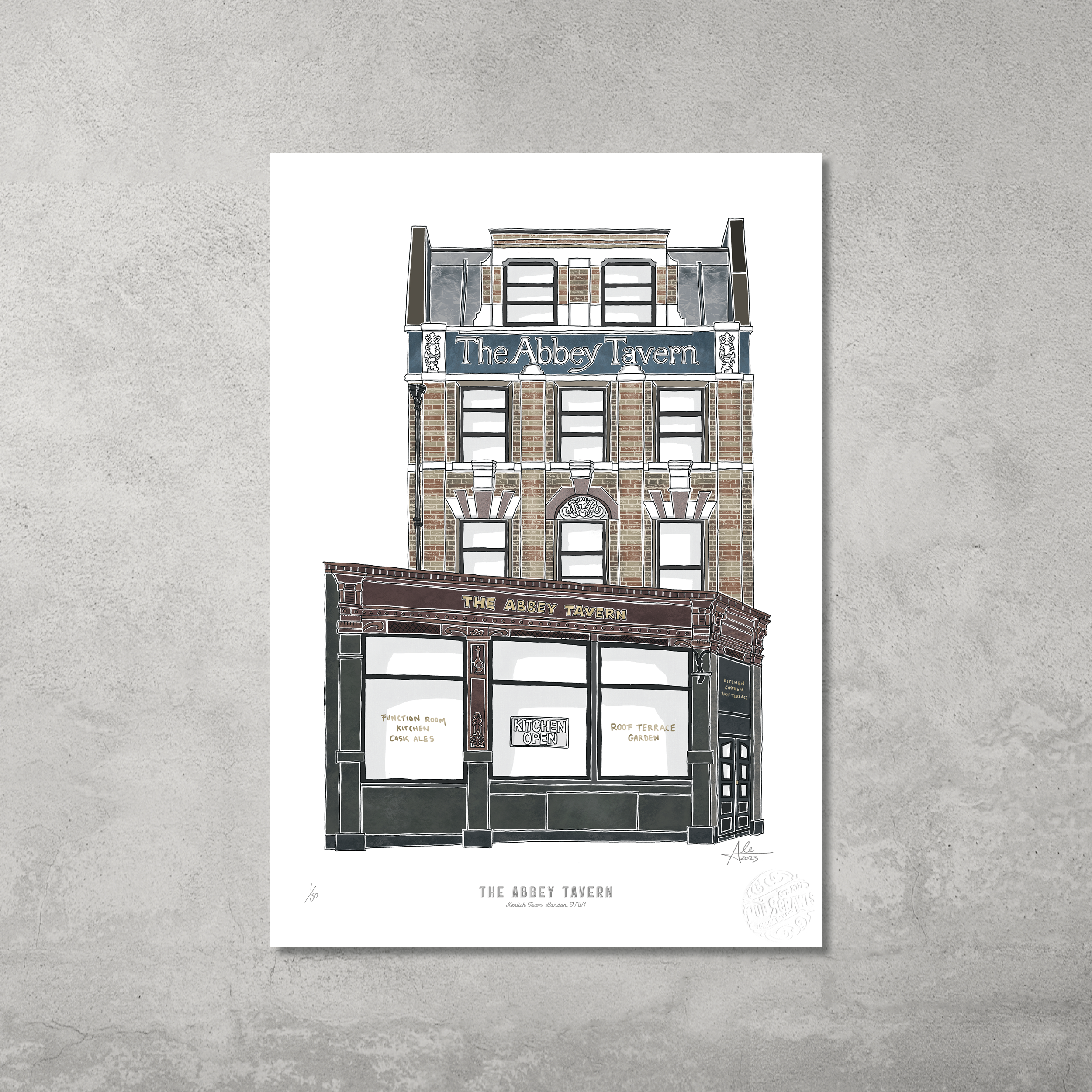 The Abbey Tavern – Limited Edition of 50 A3 colour prints by 45 Original features an illustrated brick pub facade with large windows and signage, inspired by the Hampstead & Highgate Pub Crawl on a light gray textured background.