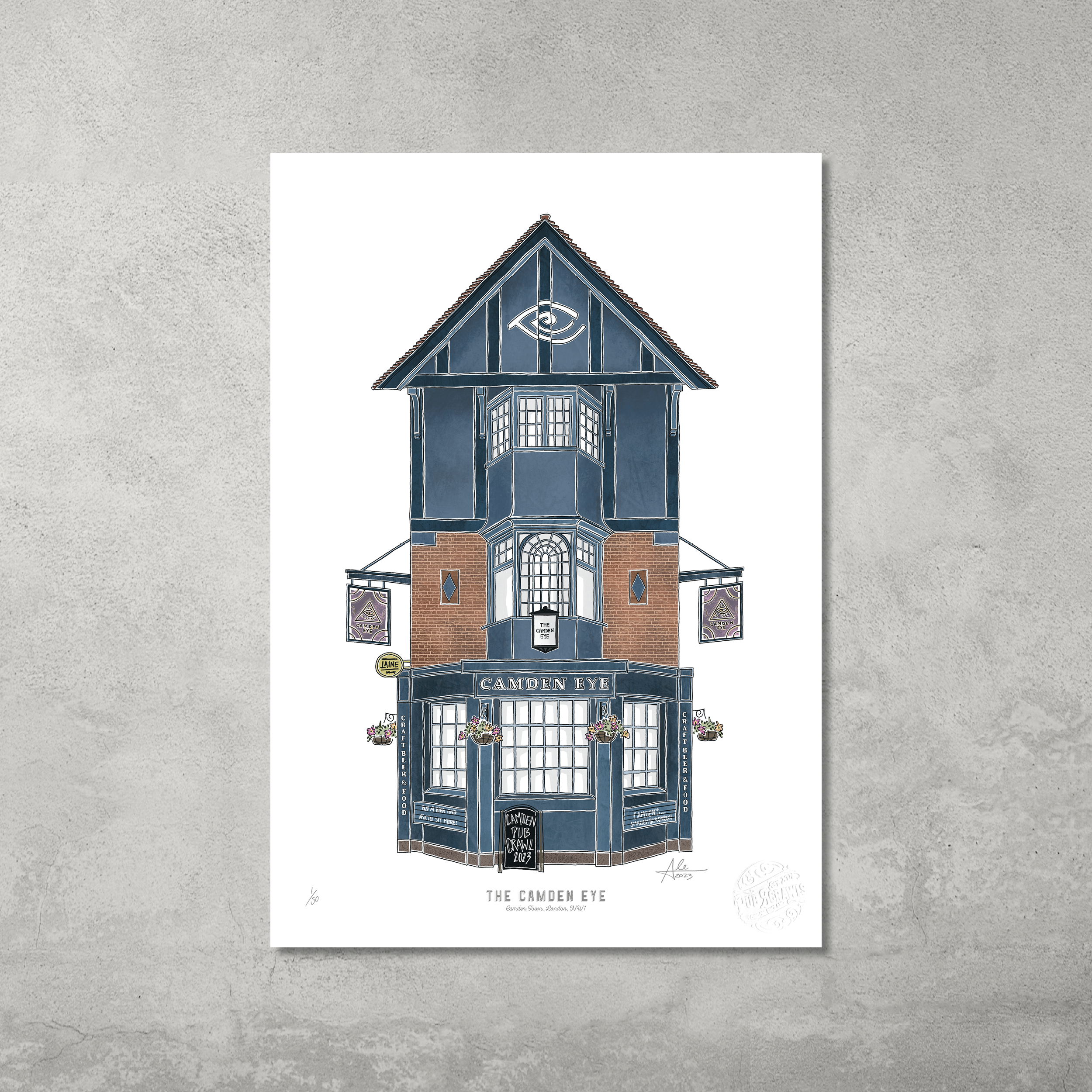 The Camden Eye illustrated with its blue and brick façade, bay windows, and signboard. Limited edition of 50 A3 colour prints by 45 Original—ideal for Hampstead Highgate Pub Crawl collectors.