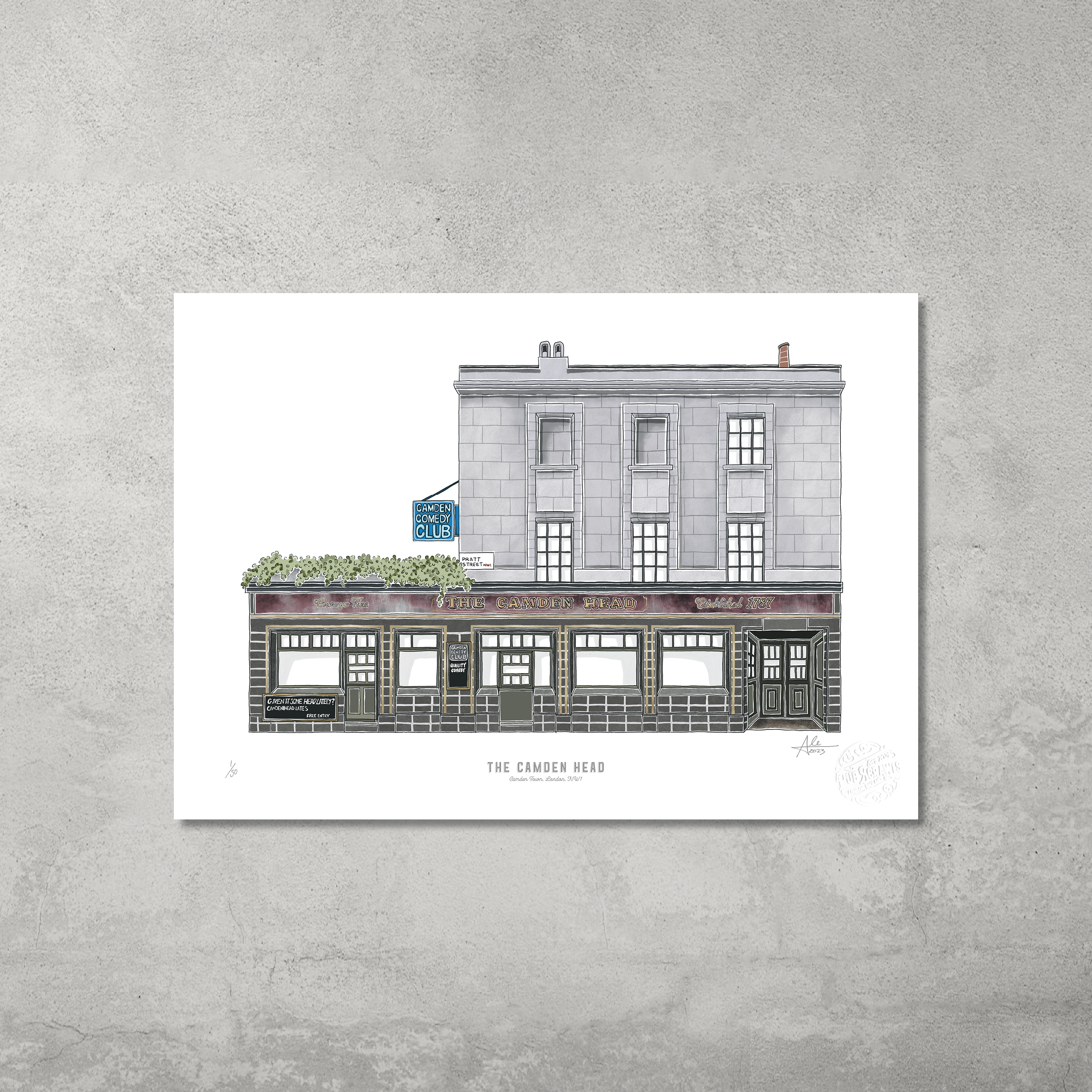 The Camden Head – Limited Edition of 50 A3 Colour Prints by 45 Original features a detailed illustration of the grey pub with large windows, green roof garden, and Angel Comedy Club sign—an ideal keepsake for Camden Pub Crawl lovers.