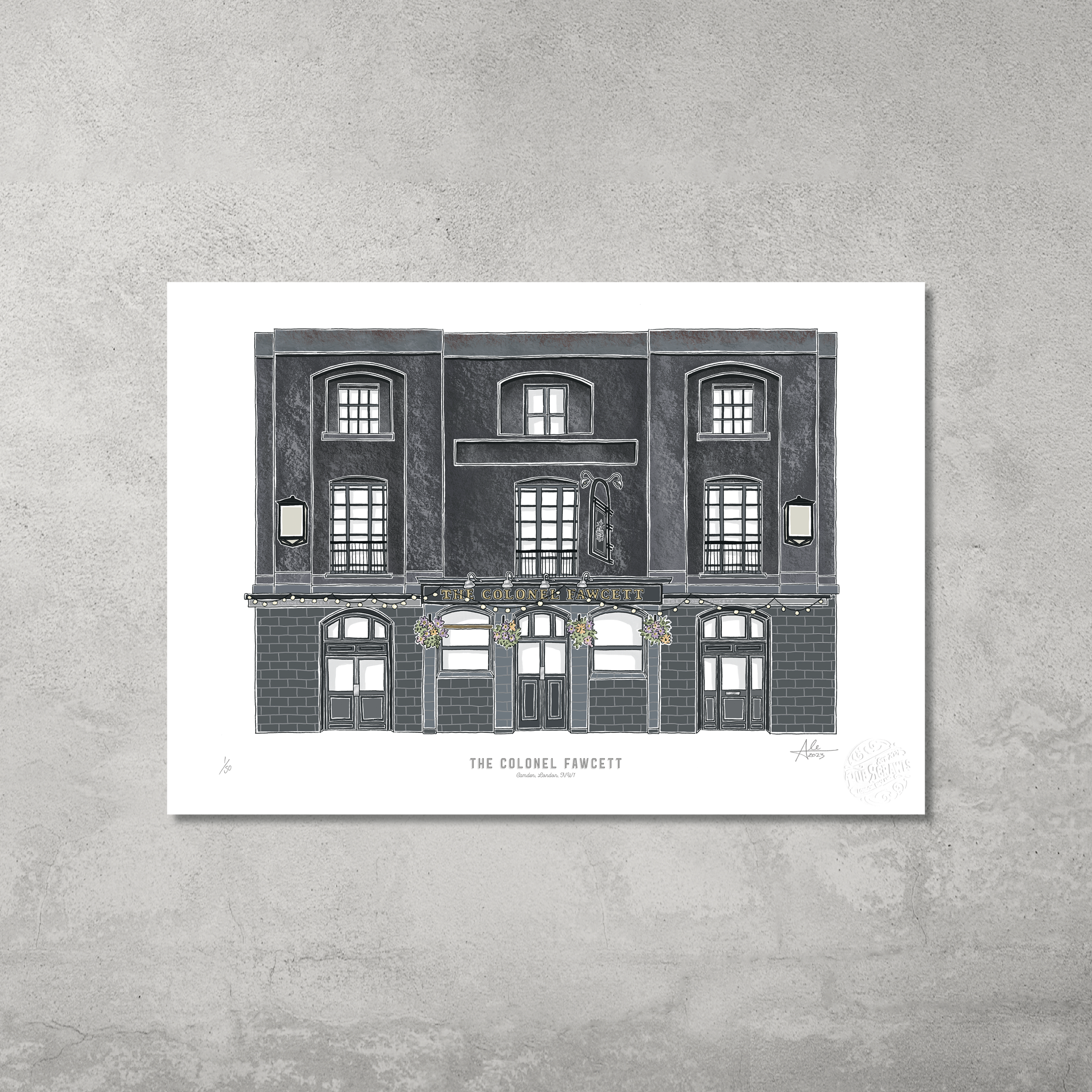 A framed, limited edition A3 colour print of The Colonel Fawcett pub by 45 Original hangs on a gray concrete wall. One of only 50 prints, it’s ideal for Hampstead & Highgate Pub Crawl fans and features the pub’s dark facade in rich detail.