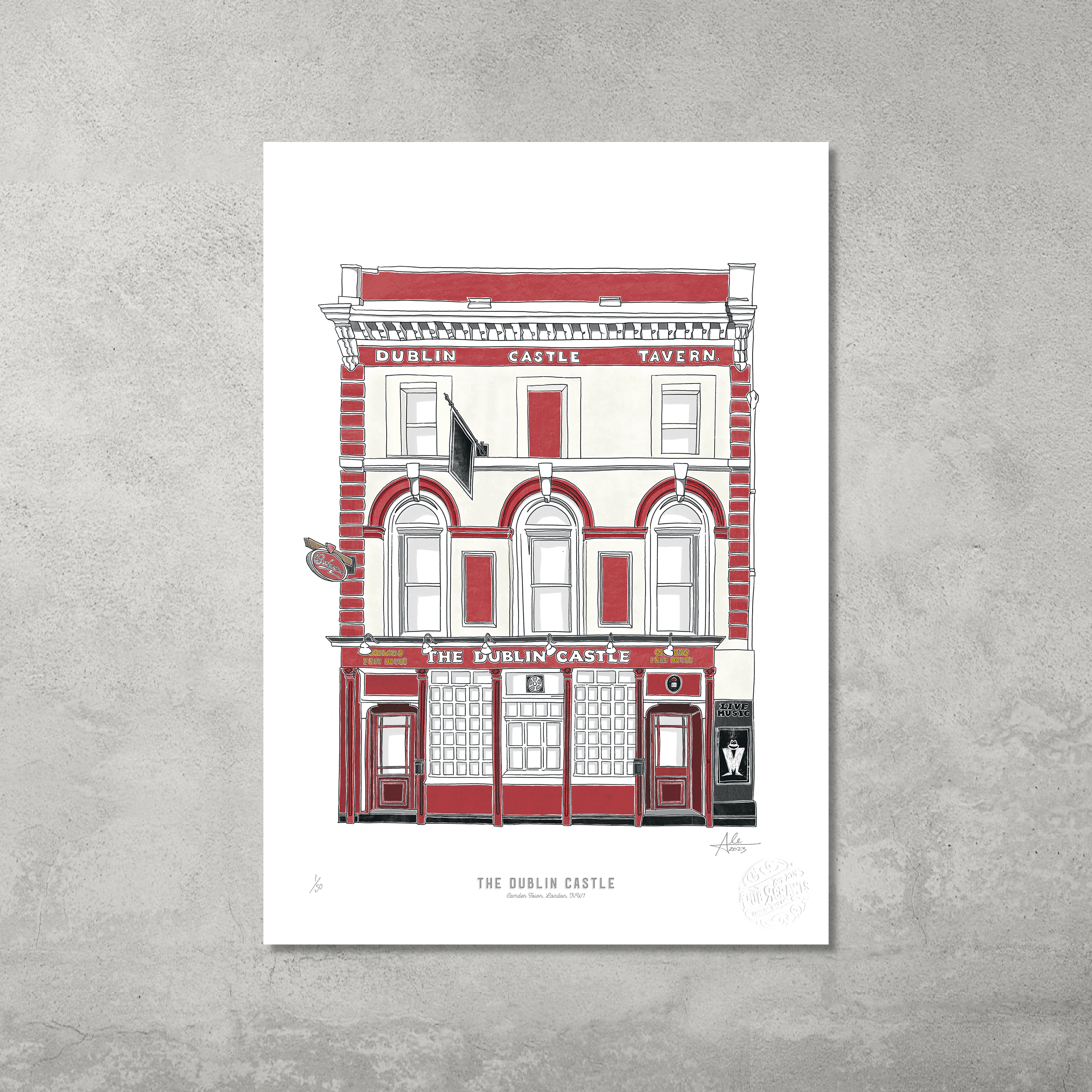 A red and white pub, “The Dublin Castle,” with arched windows and brickwork, featured as a limited edition A3 colour giclée print (50 copies) by 45 Original, shown on a white sheet against a textured gray wall.