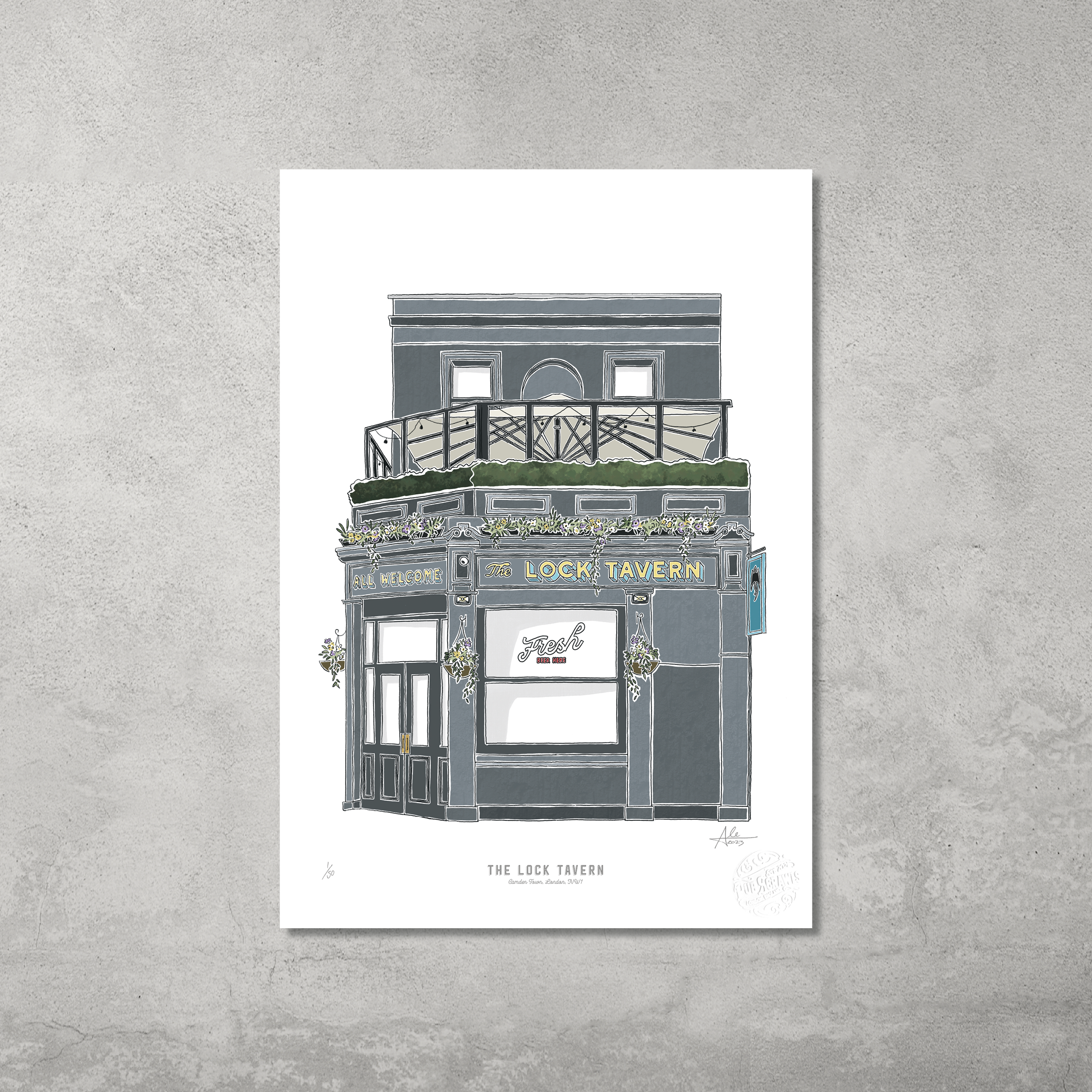 The Lock Tavern – Limited Edition of 50 – A3 Colour Prints by 45 Original features a gray two-story pub with gold signage and greenery, perfect for Camden Pub Crawl fans. Displayed on a plain gray wall.