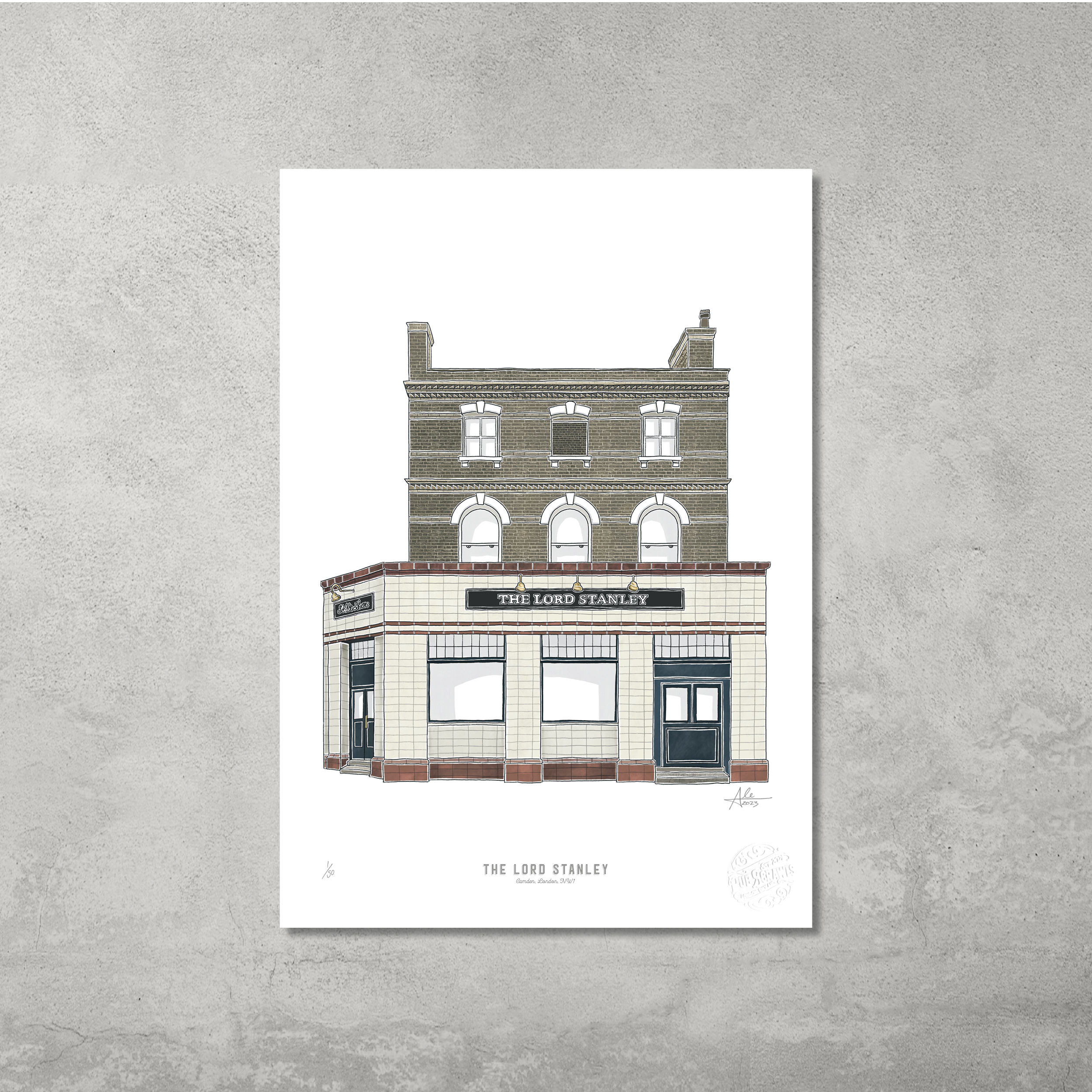 Show your love for Camden’s pubs with “The Lord Stanley – Limited Edition of 50 – A3 Colour Prints” by 45 Original, featuring the pub’s signature brick facade and cream-tiled ground floor—ideal for art lovers and Camden Pub Crawl fans.