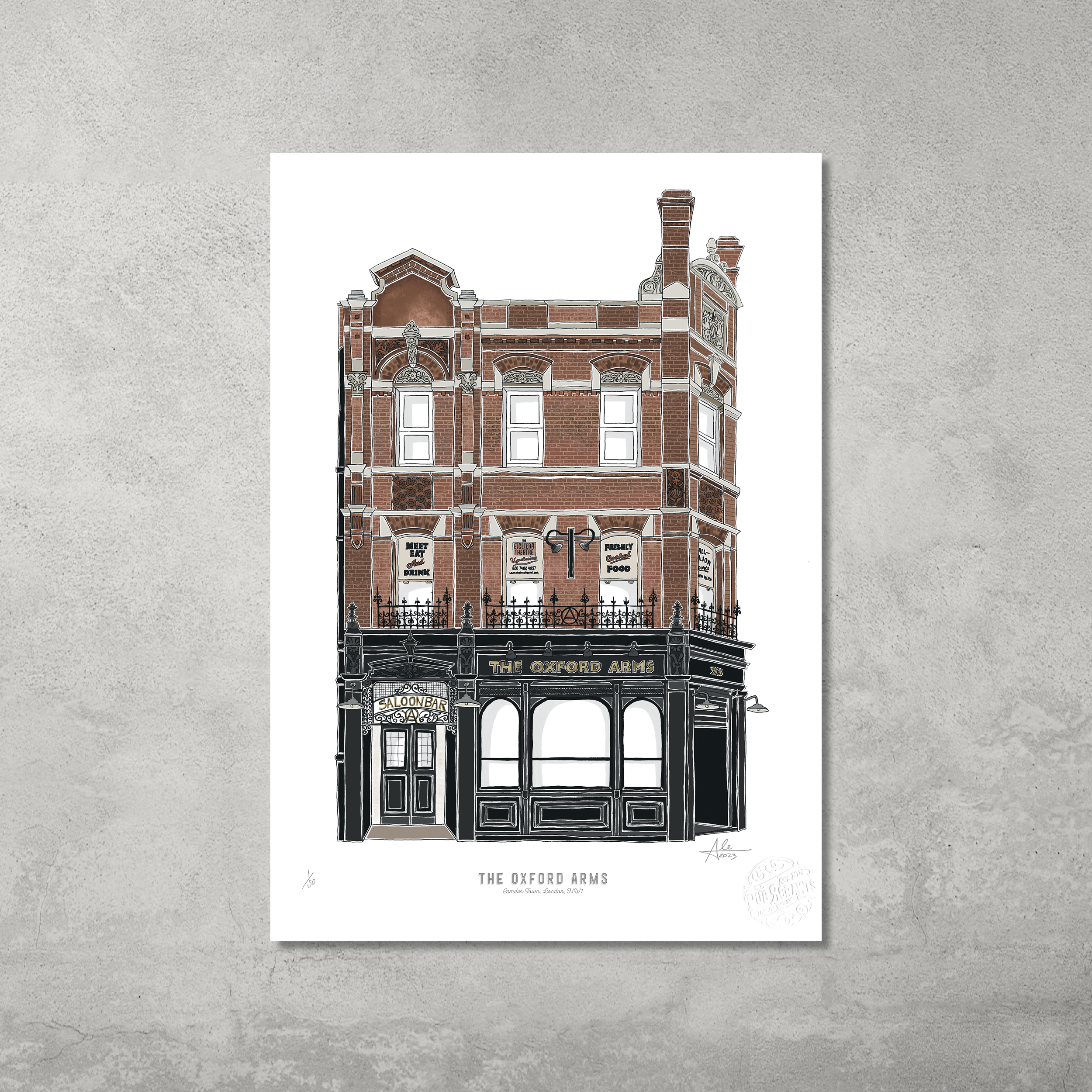 The Oxford Arms – Limited Edition of 50 A3 colour prints by 45 Original, featuring the pub’s red-brick façade and ornate details from the Hampstead & Highgate Pub Crawl, displayed on a gray textured wall.