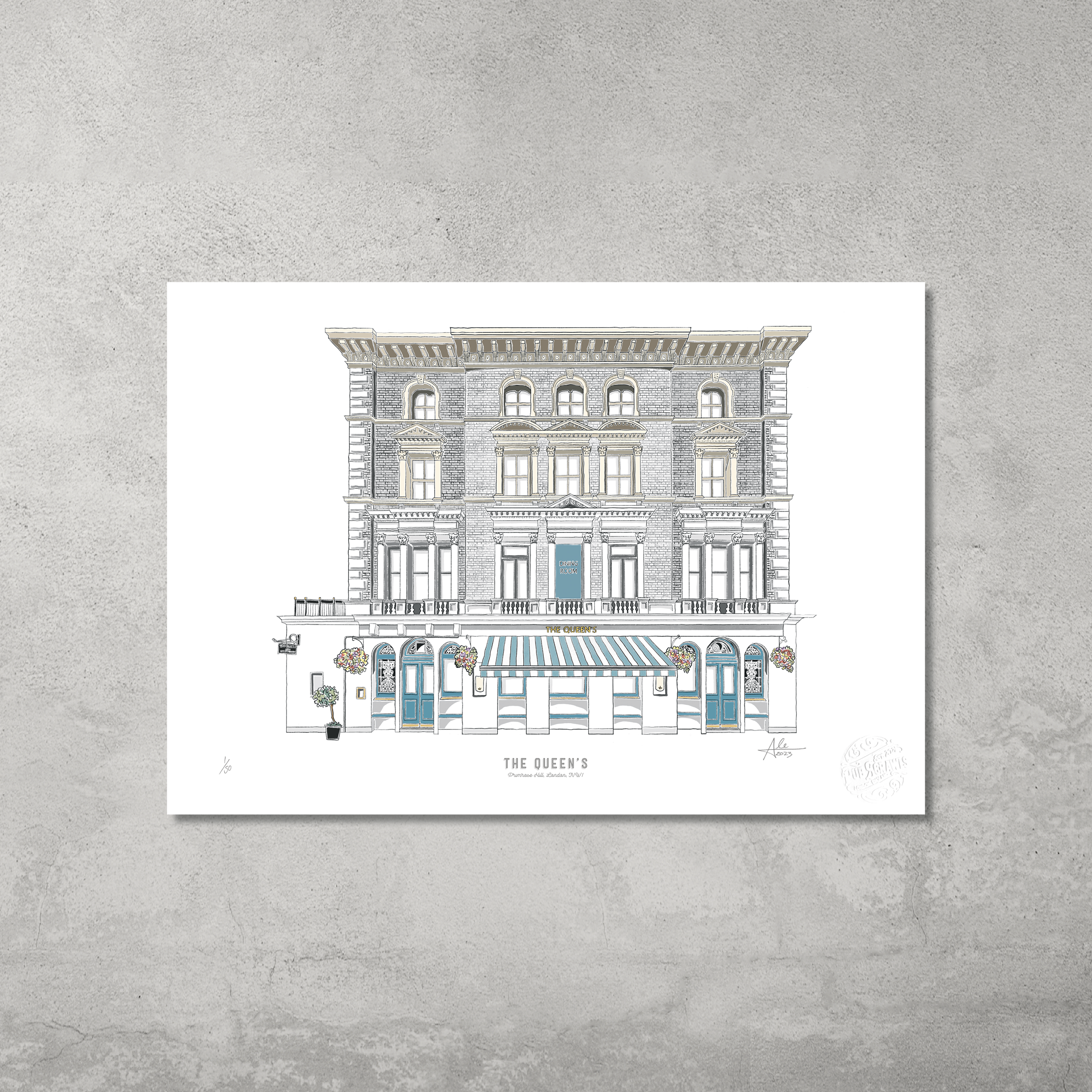 The Queens – Limited Edition of 50 A3 colour prints by 45 Original features a detailed illustration of a three-story building with blue doors, striped awnings, and flower baskets, inspired by the Hampstead & Highgate Pub Crawl.