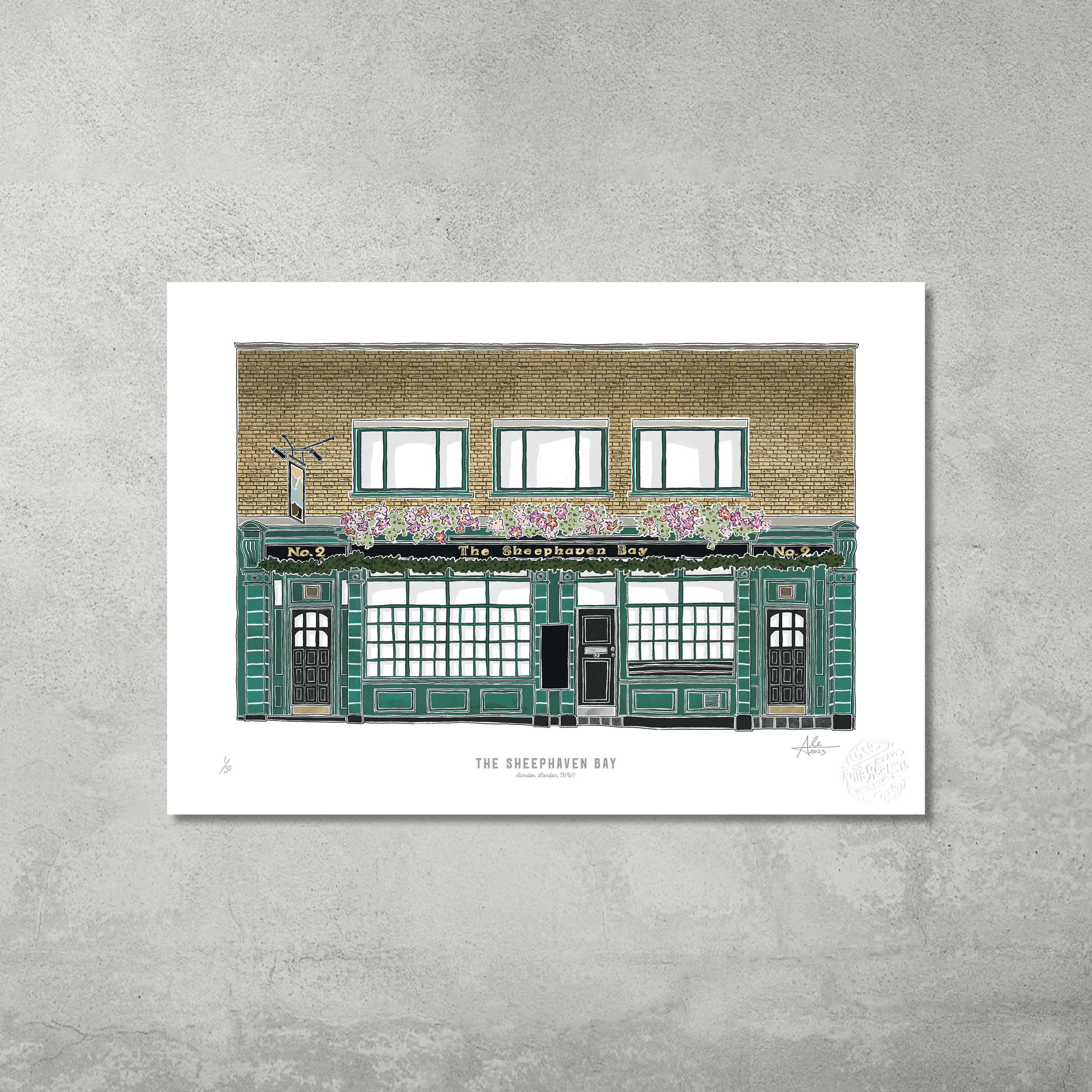 The Sheephaven Bay – Limited Edition of 50 – A3 Colour Print by 45 Original features the pub’s green facade, flower boxes, and brick upper story—perfect décor for Hampstead & Highgate Pub Crawl fans.