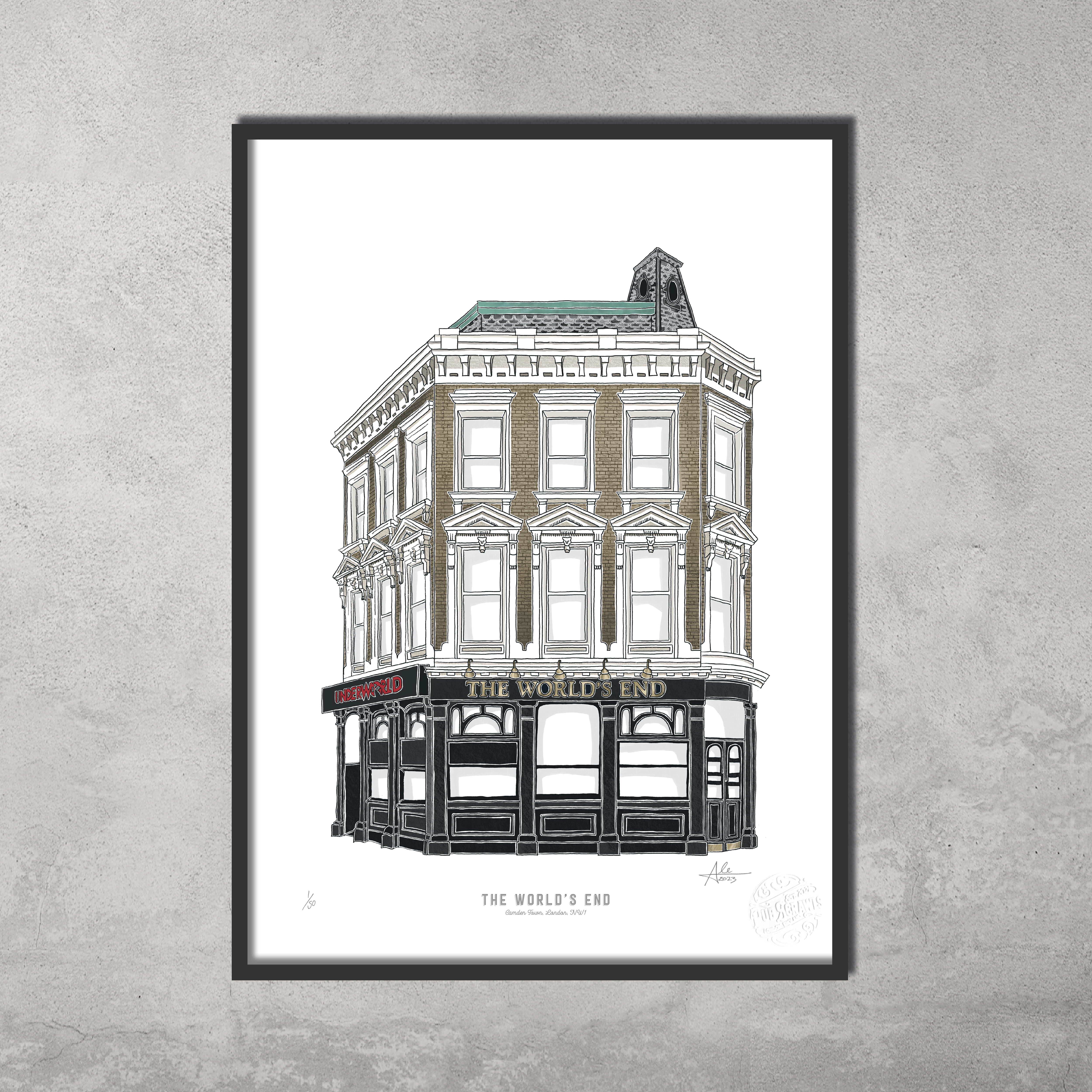 The Worlds End – Limited Edition of 50 A3 colour prints by 45 Original, featuring a corner building with ornate windows, green roof, brick details, and pub signage—ideal for Camden Pub Crawl fans—displayed on a gray wall.