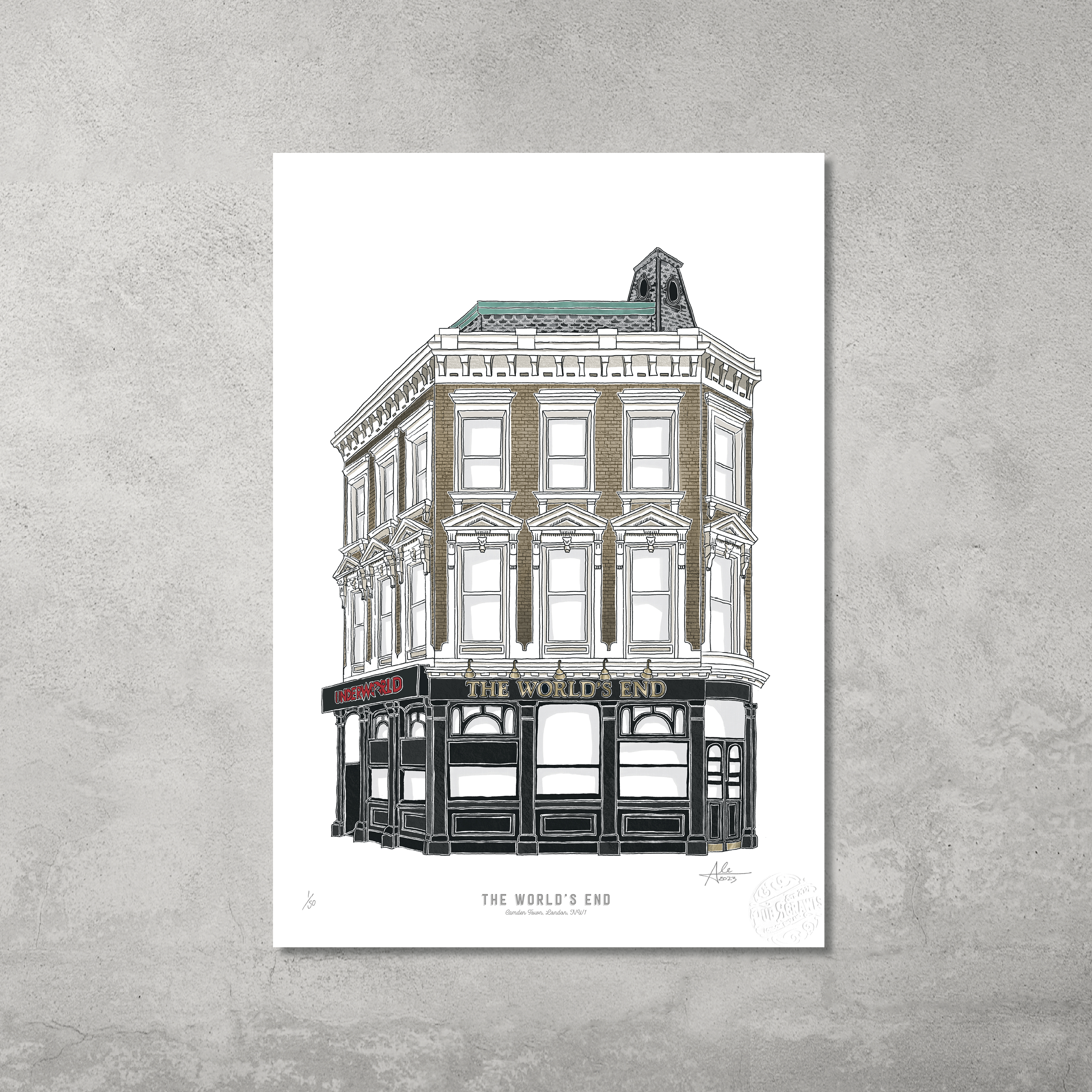 The Worlds End – Limited Edition of 50 A3 Colour Prints by 45 Original features a detailed illustration of this iconic three-story Camden pub—an ideal collectors piece for any Camden Pub Crawl enthusiast.
