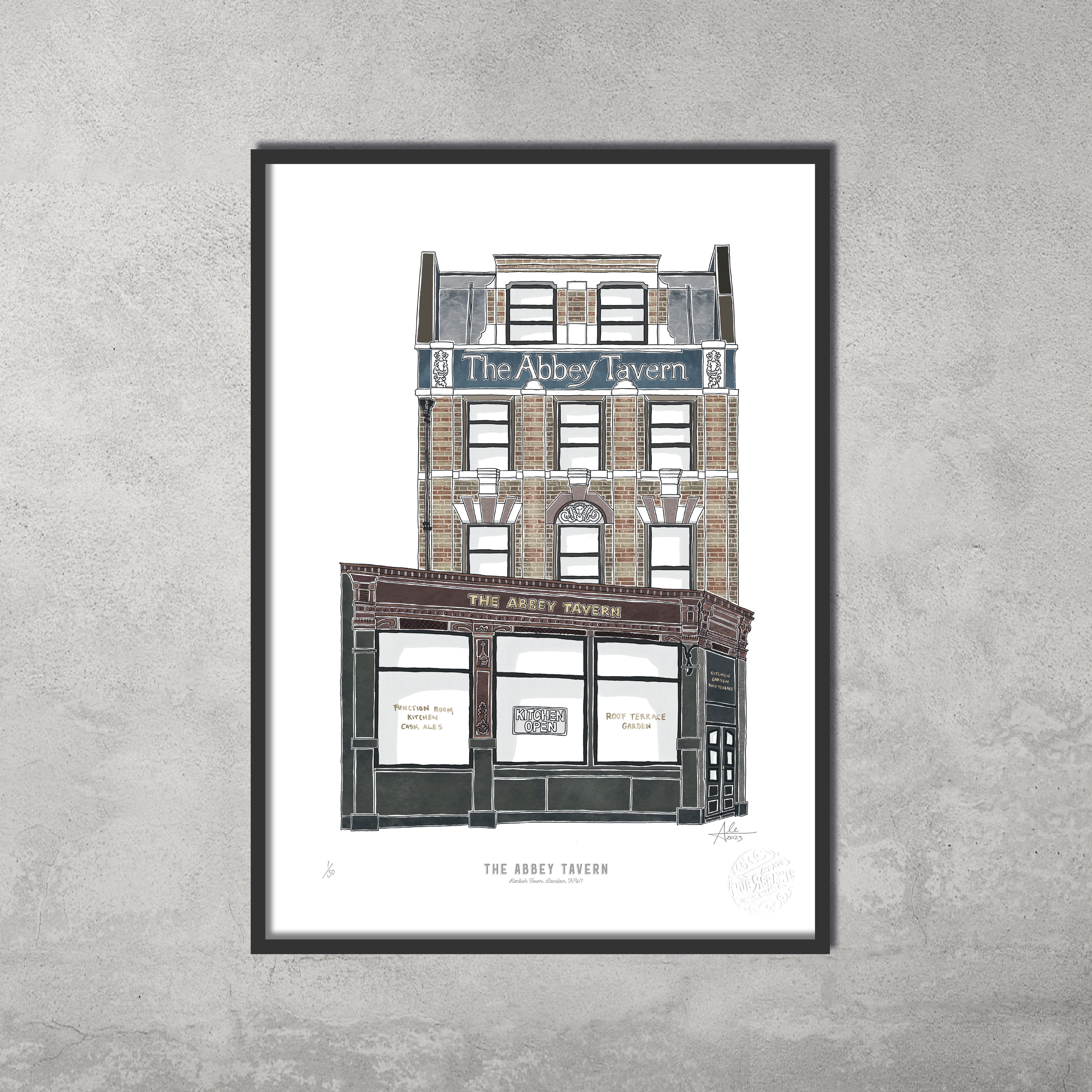 A 45 Original limited edition A3 colour print of The Abbey Tavern – one of only 50 – hangs on a plain gray wall, showing the brick pub with large windows and name signs from the Hampstead & Highgate Pub Crawl.