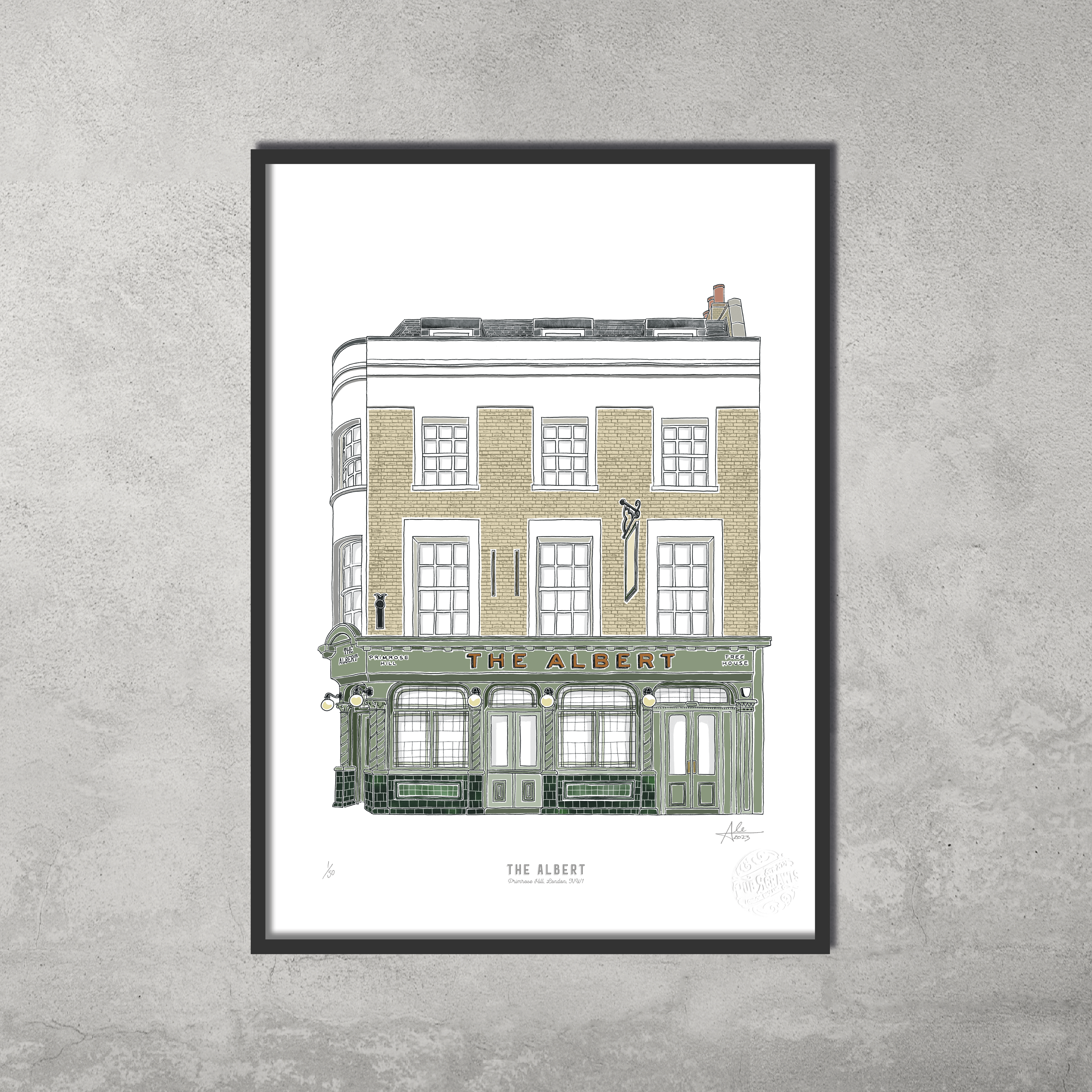 Framed A3 Colour Print: The Albert by 45 Original (Limited Edition of 50) features the pub’s green and cream facade with rooftop figure, shown against a gray textured wall. Part of the Hampstead & Highgate Pub Crawl series.