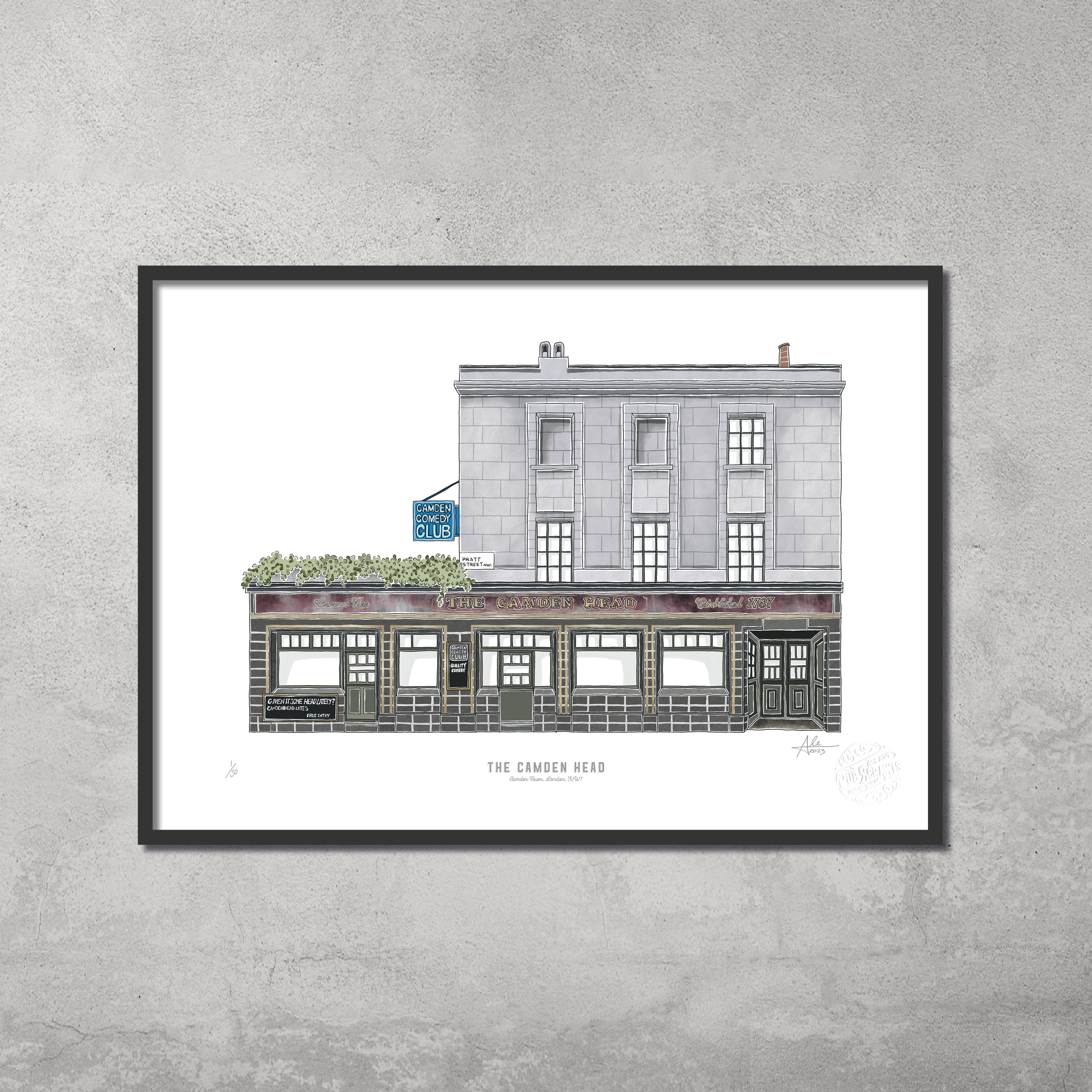 The Camden Head – Limited Edition of 50 – A3 Colour Prints by 45 Original: a framed giclée art print featuring the pubs green doors, windows, pub sign, and façade—ideal for Camden Pub Crawl fans and stylish on any gray wall.