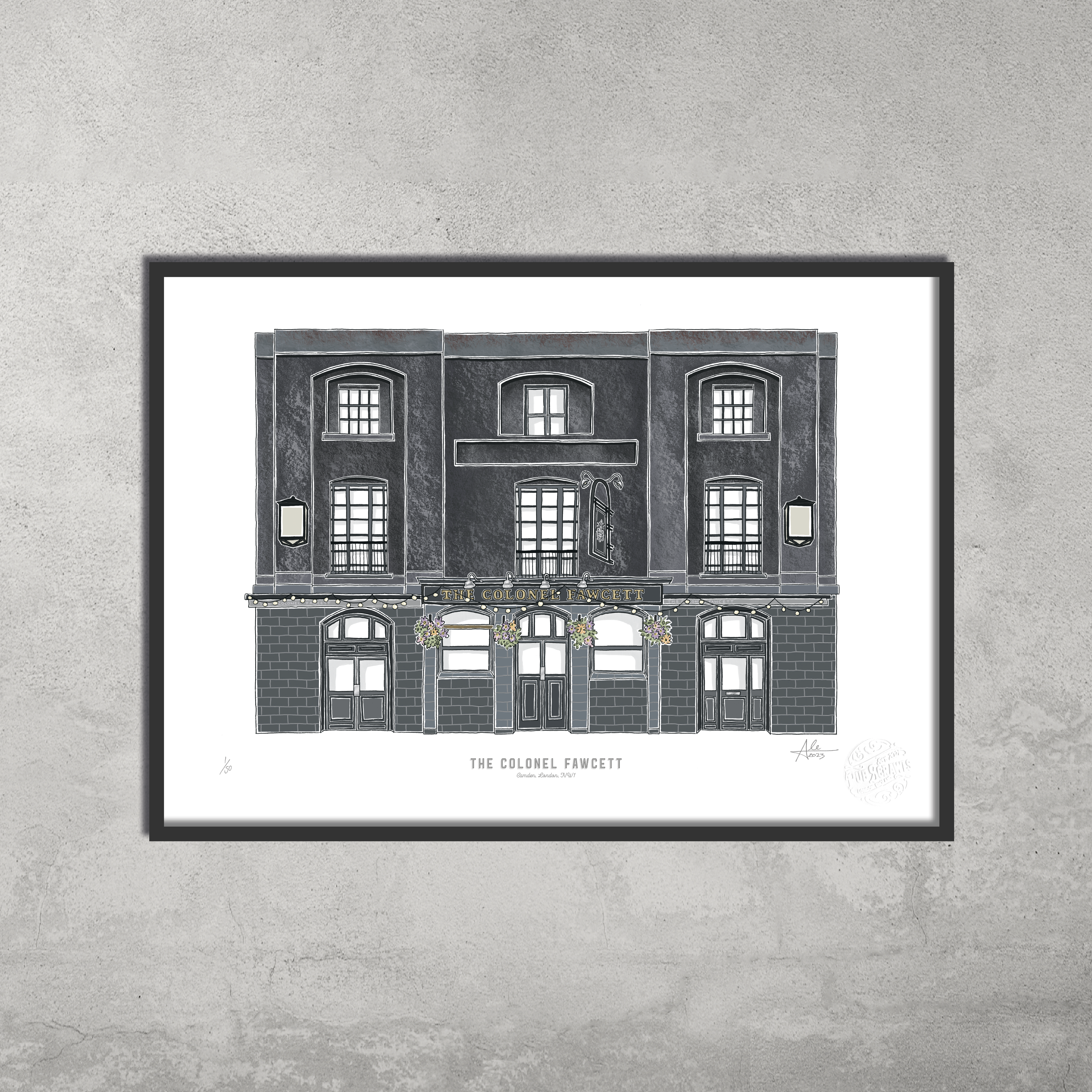 45 Original’s limited edition A3 colour print (1 of 50) of The Colonel Fawcett features its three stories, arched windows, and side lamps—an ideal wall piece for Hampstead & Highgate Pub Crawl fans.