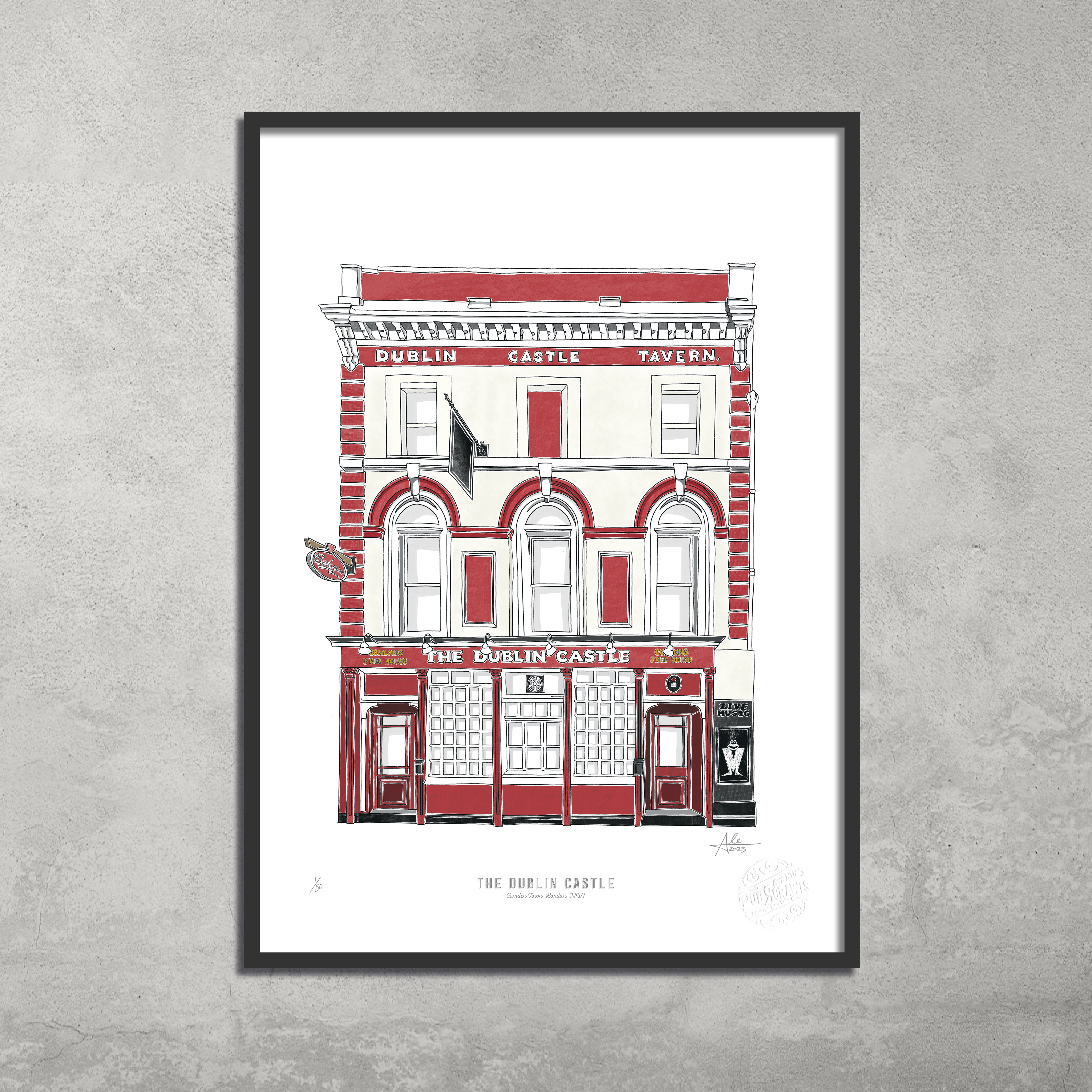 Framed illustration of The Dublin Castle Tavern, a red and white pub with arched windows and Guinness logo, shown on a gray wall. 45 Originals A3 giclée print, The Dublin Castle – Limited Edition of 50, from their Pub Crawl series.
