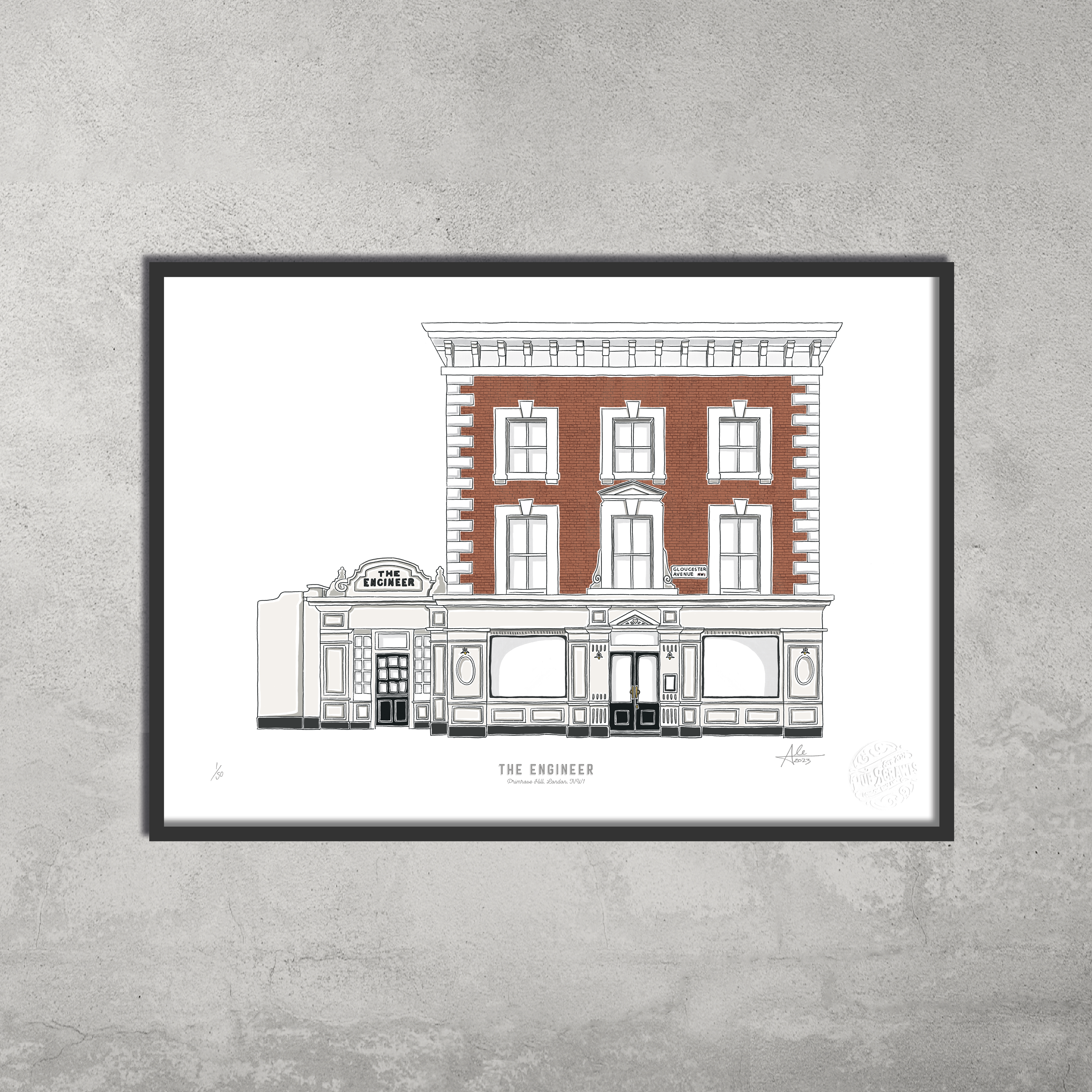 The Engineer – Limited Edition of 50 A3 Colour Prints by 45 Original: a framed illustration of the red-brick Camden pub, with white trim and architectural detail—perfect for Pub Crawl fans and collectors of fine giclée art.