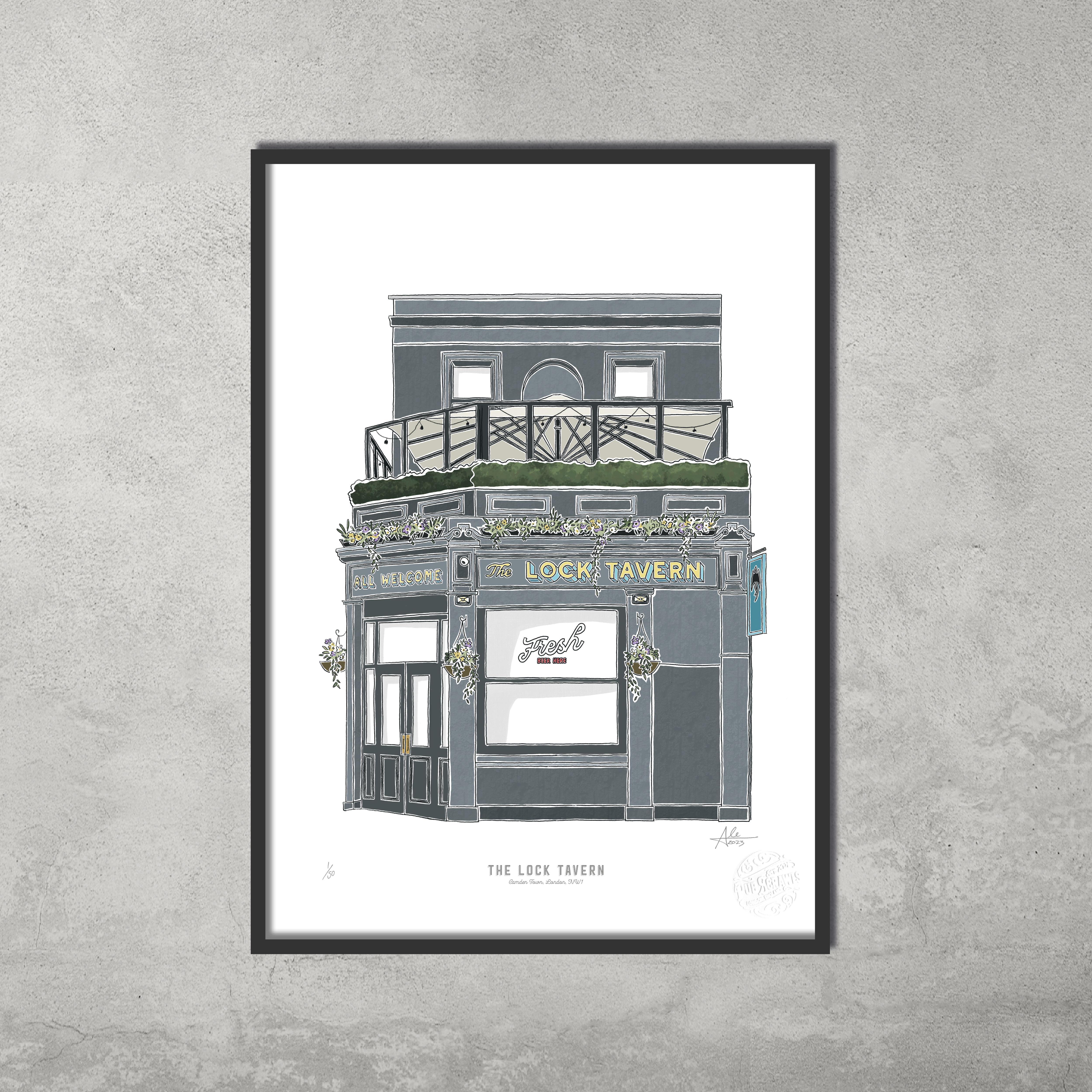 This A3 colour print from 45 Original depicts The Lock Tavern with its balcony, greenery, and gold lettering. Limited edition of 50—perfect for Camden Pub Crawl fans. Framed and shown on a gray textured wall.