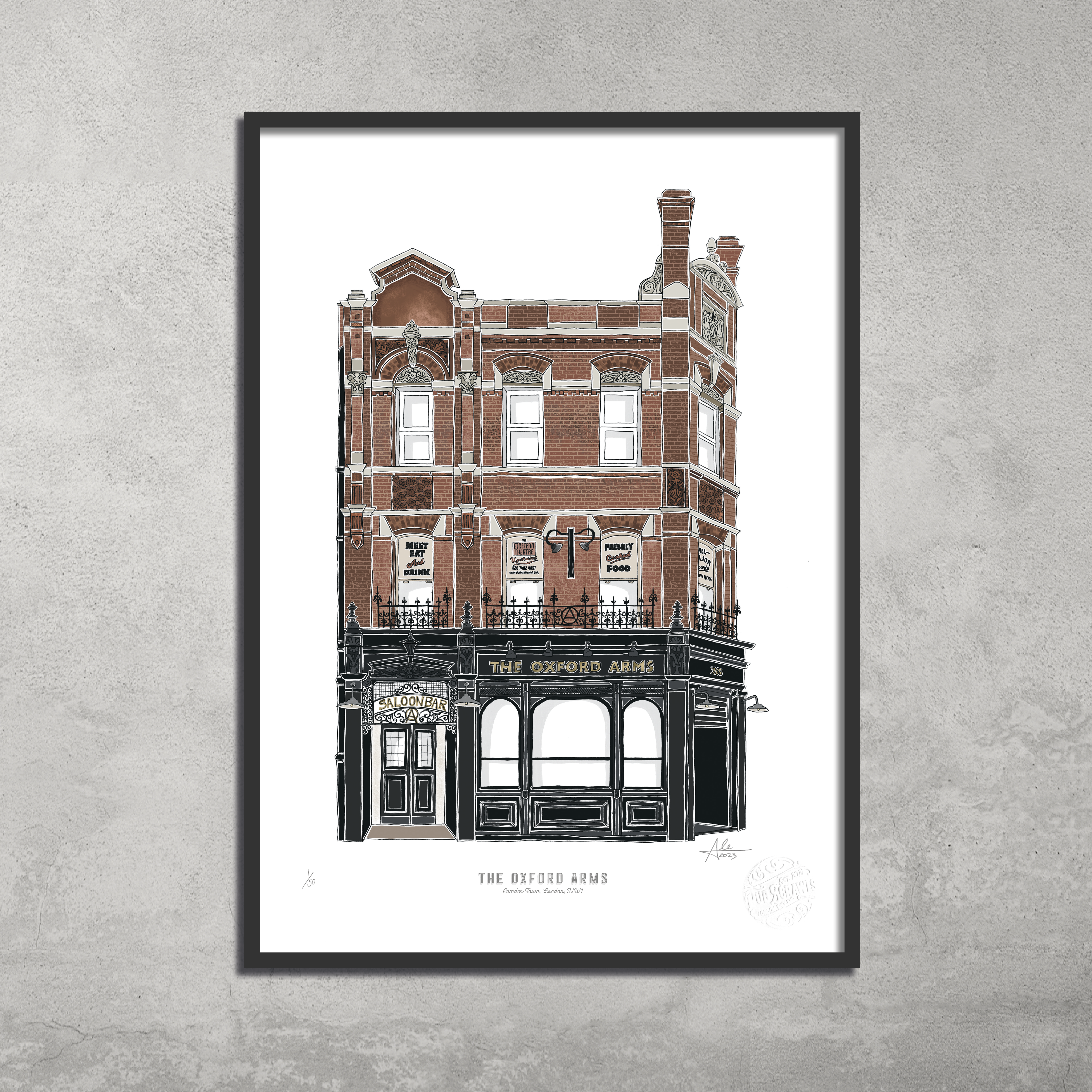 A limited edition A3 colour print of The Oxford Arms, a Victorian-style pub, from 45 Original. One of only 50 prints, featuring ornate brickwork and large windows—part of the Hampstead & Highgate Pub Crawl collection.