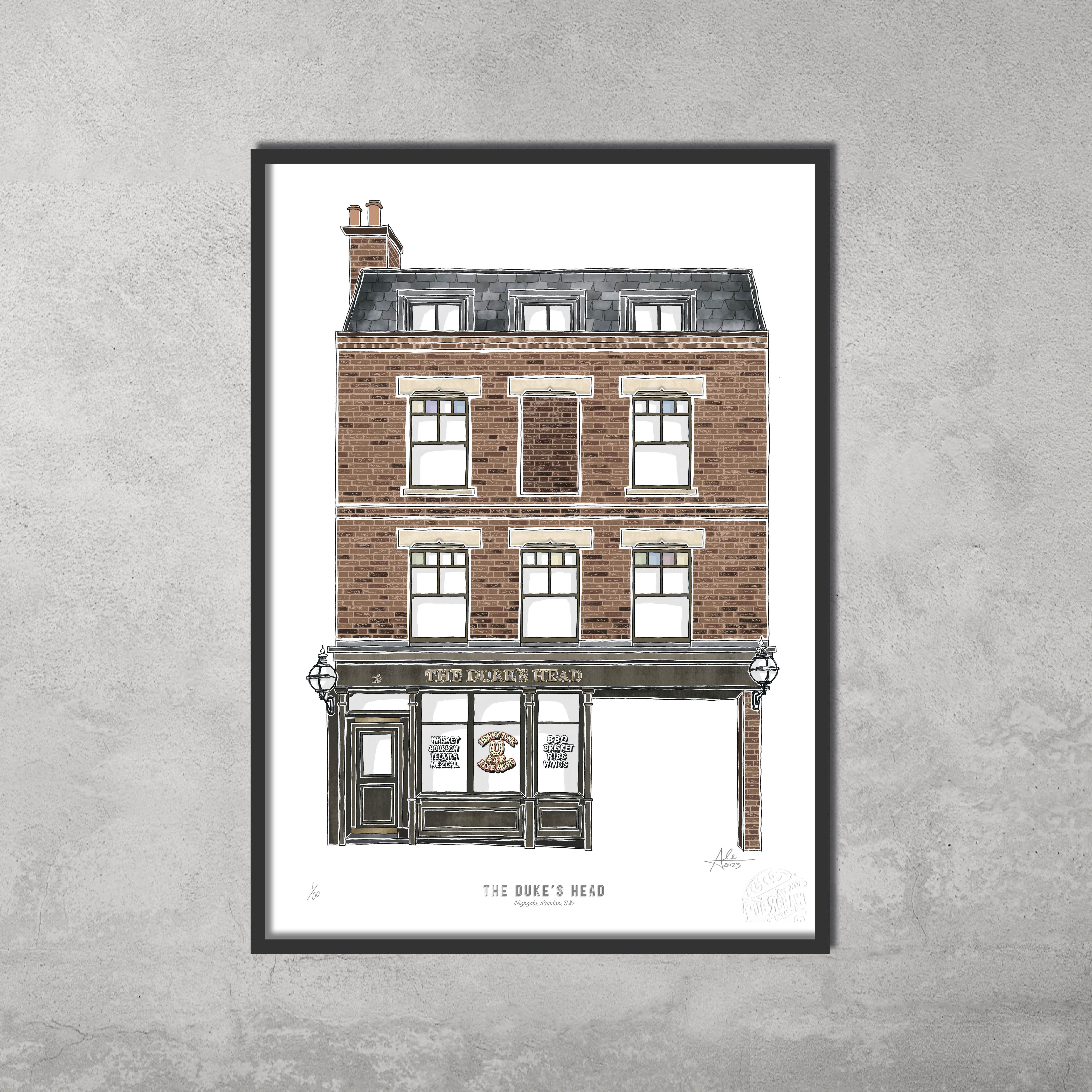 The Dukes Head – Limited Edition of 50 A3 Colour Prints by 45 Original features a three-story brick pub from the Hampstead & Highgate Pub Crawl, with its sign above the entrance and shown on a plain gray textured wall.