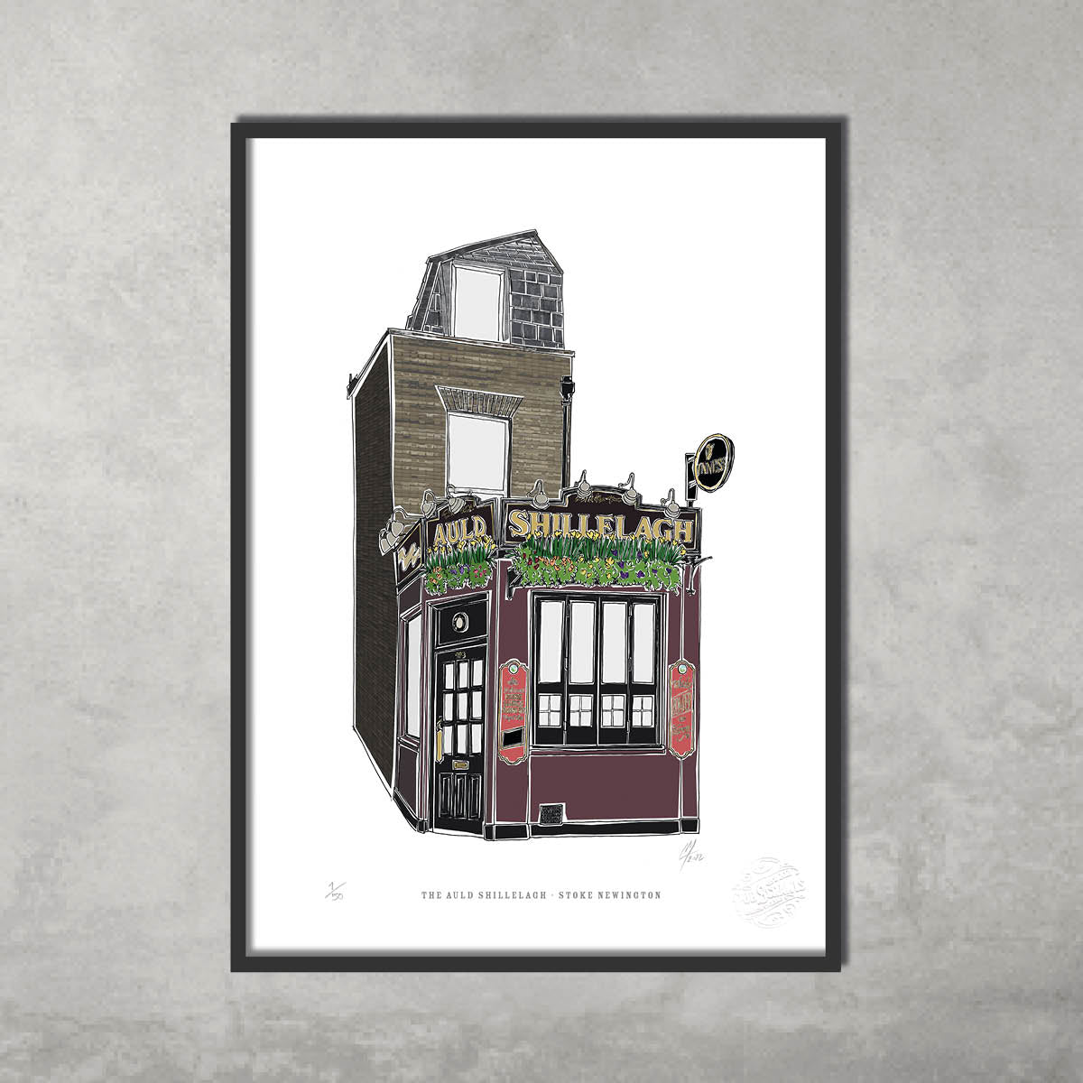 Illustration of The Auld Shillelagh—an iconic narrow pub in Hackney—captured as an A3 colour giclée print. Limited edition of 50 by 45 Original, perfect for your pub crawl memories.
