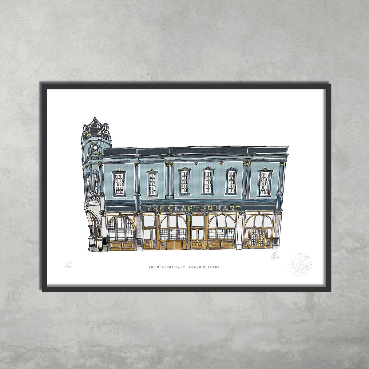 The Clapton Hart – Limited Edition of 50 A3 colour print by 45 Original, featuring a blue and gray historic pub with clock tower—ideal wall art for any Hackney Pub Crawl fan.