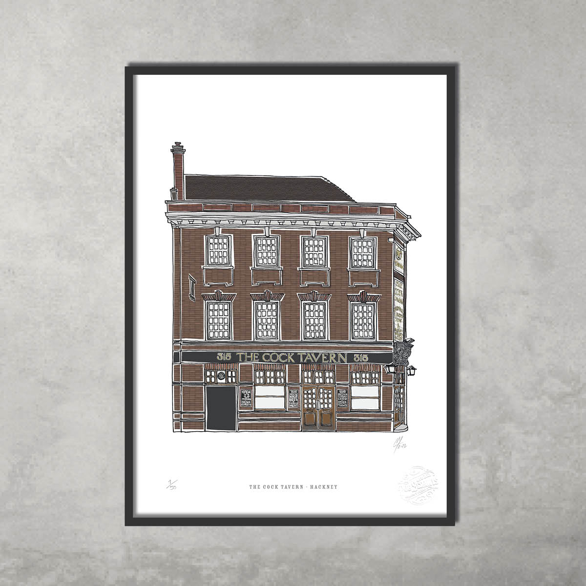The Cock Tavern – Limited Edition of 50 A3 Colour Prints by 45 Original—captures the iconic three-story pub, perfect wall art for fine art fans and Hackney Pub Crawl lovers. Shown framed on a plain gray wall.