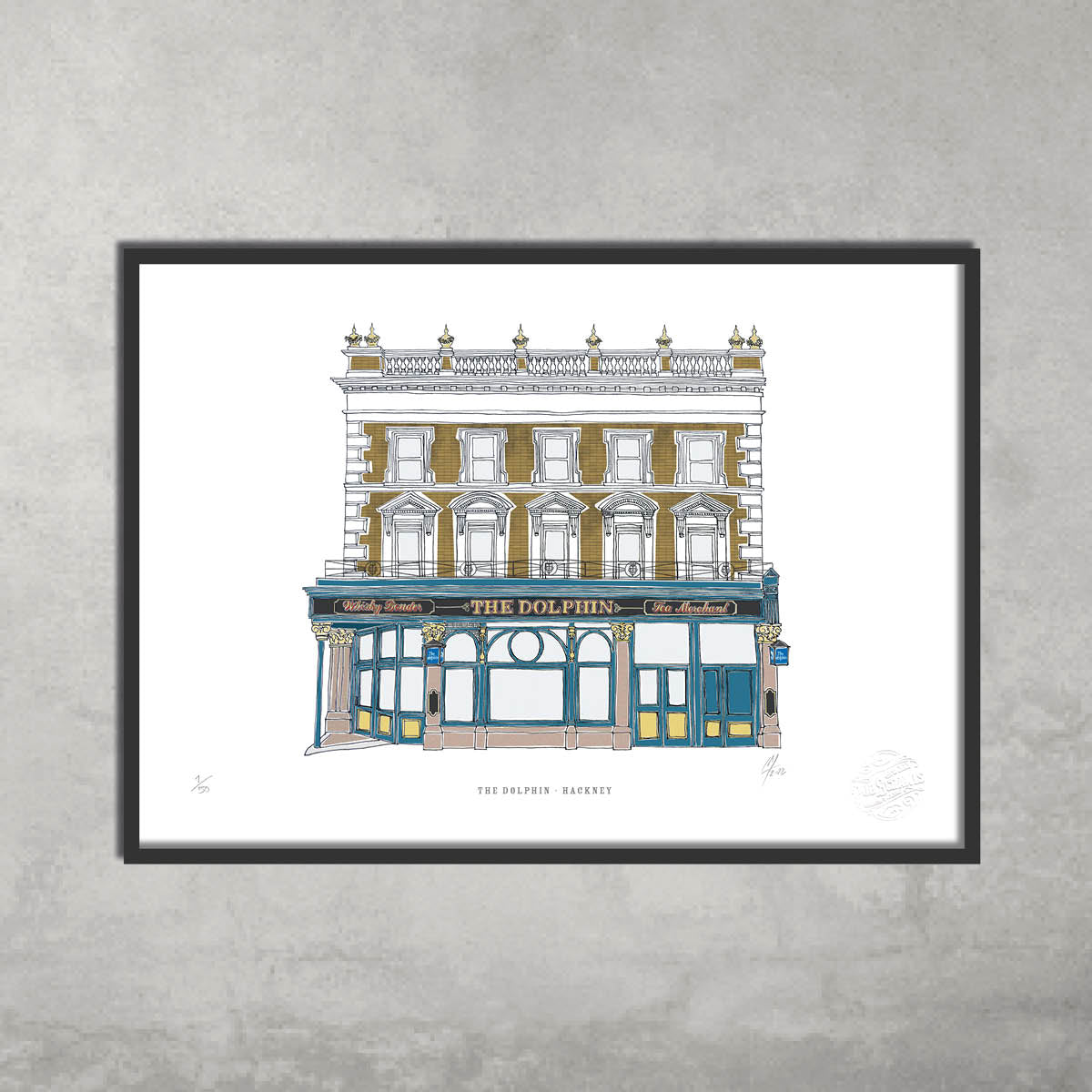 The Dolphin – Limited Edition of 50 A3 Colour Prints by 45 Original features a blue-green pub facade and elegant details, beautifully framed—perfect for Hackney Pub Crawl fans.