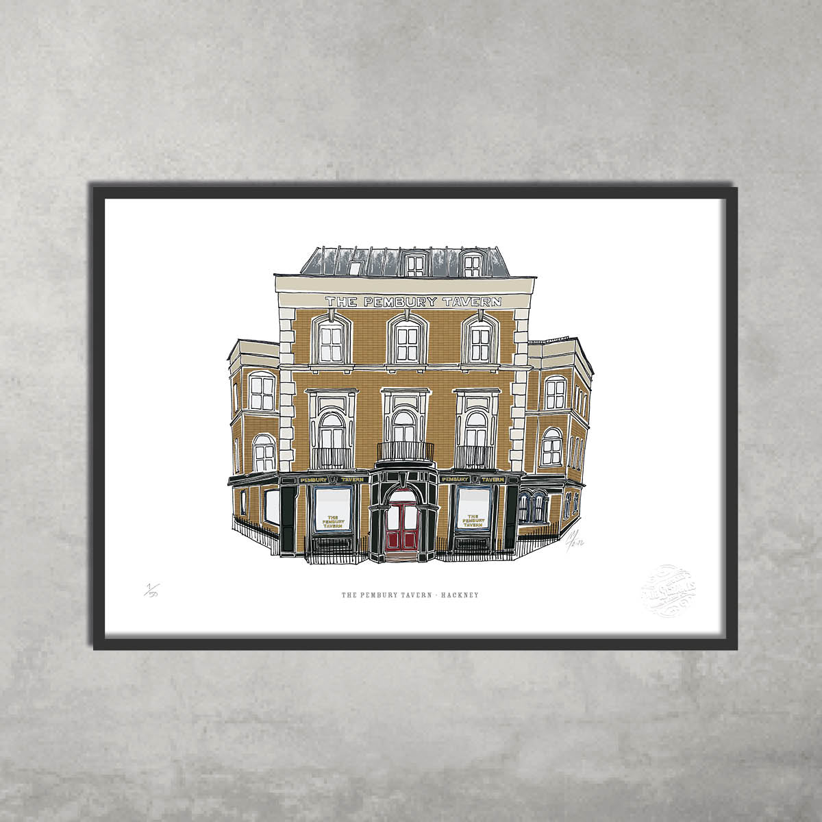 The Pembury Tavern – Limited Edition of 50 – A3 Colour Print by 45 Original. Features a framed giclée print of the iconic pub—brick building, arched windows, red door—ideal for Hackney Pub Crawl fans. Displayed on a plain gray wall.