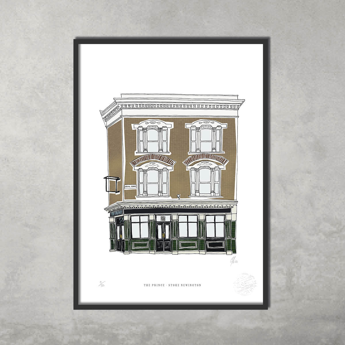The Prince – Limited Edition of 50 – A3 Colour Prints by 45 Original features a framed illustration of a detailed three-story brown and green building inspired by Hackney Pub Crawl, set against a plain light gray background.