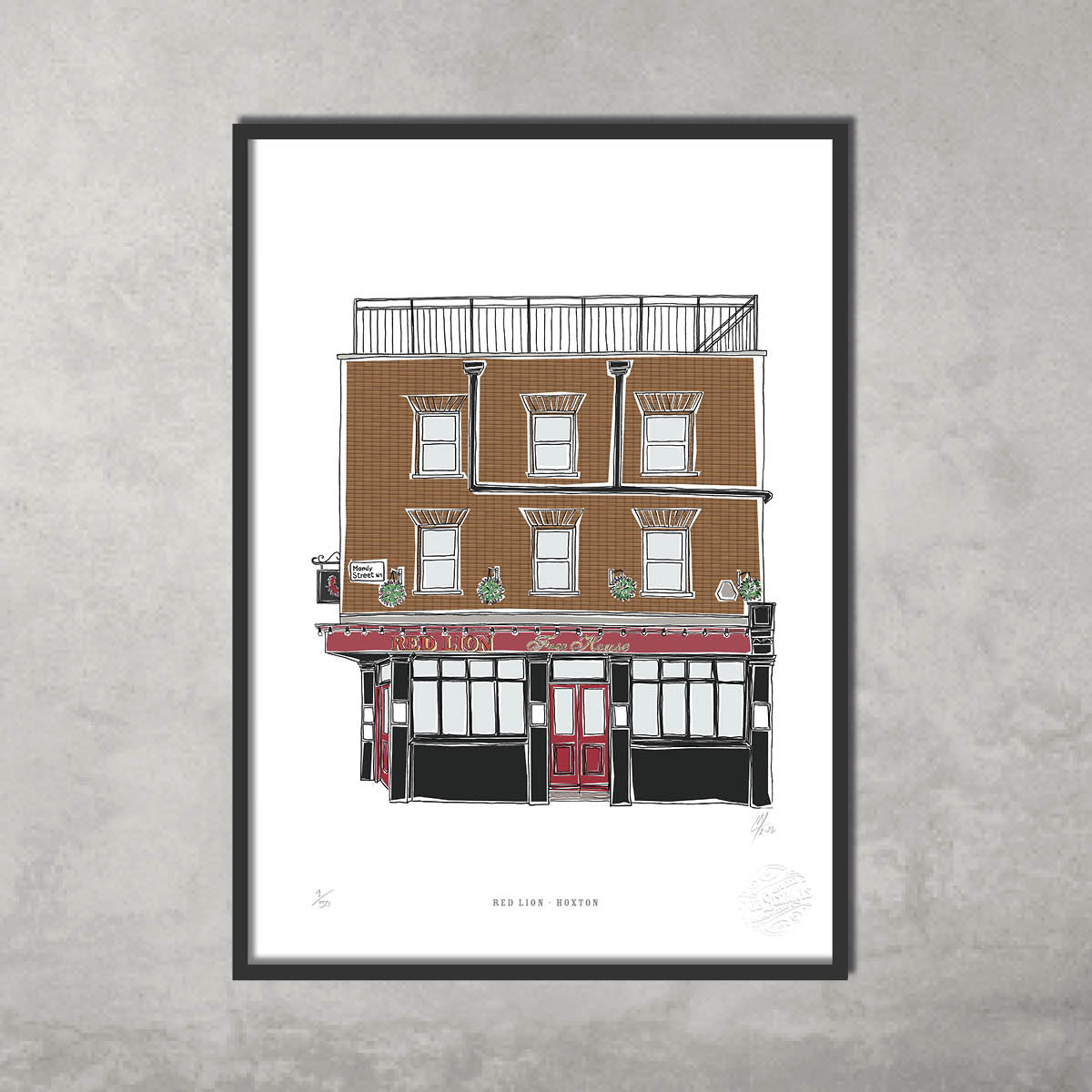 Red Lion Hoxton – Limited Edition of 50 A3 Colour Prints by 45 Original: Vibrant framed illustration of the iconic Hoxton brick pub with a red door, perfect wall art for Hackney pub lovers and collectors.