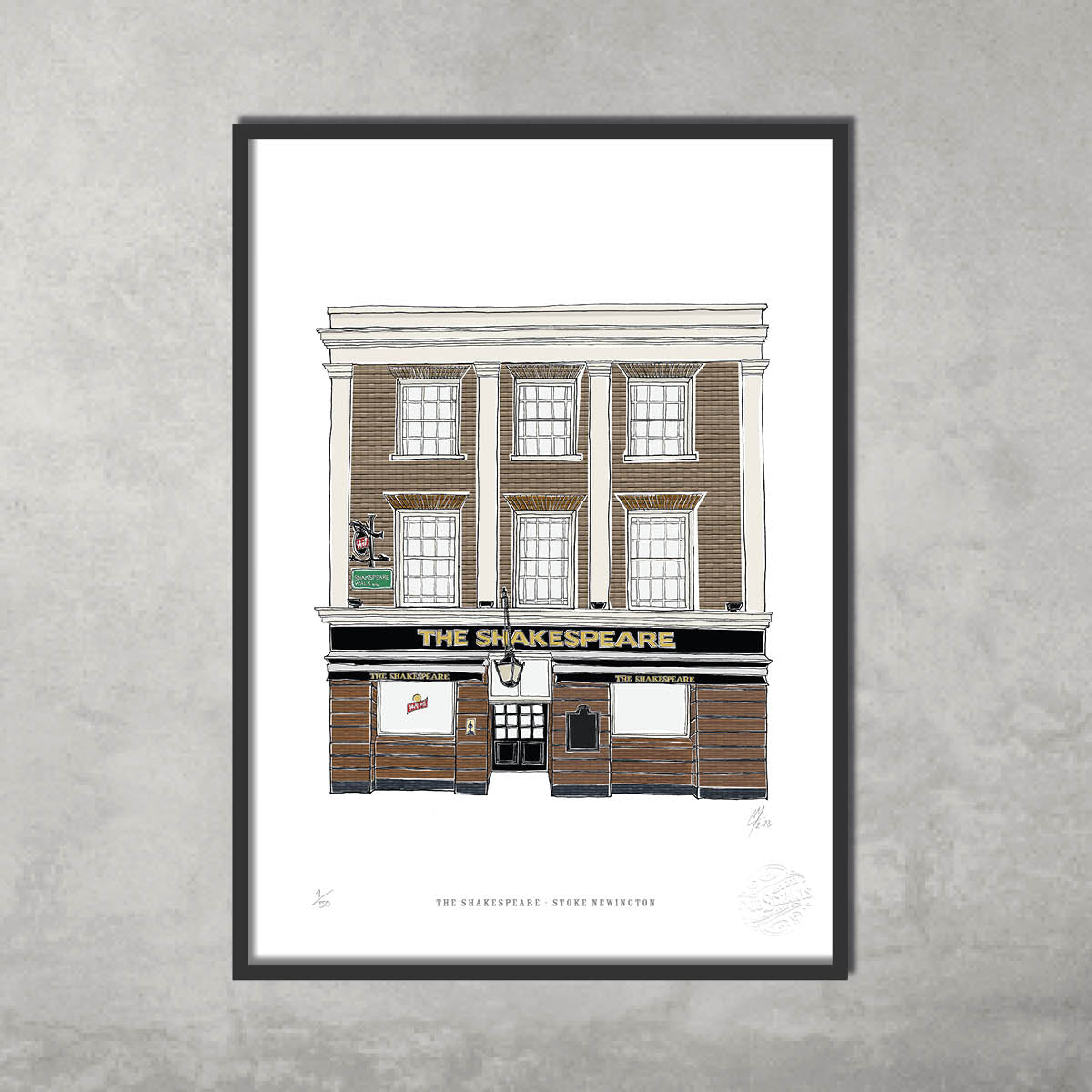 45 Originals The Shakespeare – Limited Edition of 50 A3 colour prints showcases a classic brown brick pub with its sign, framed in black against a gray wall—ideal for Hackney Pub Crawl fans.