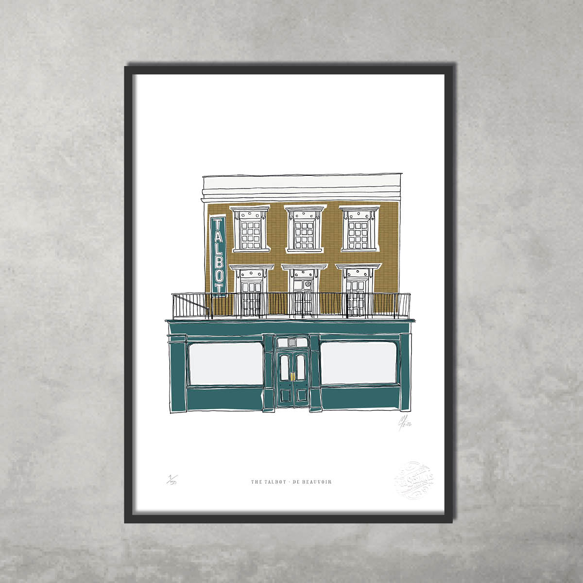 The Talbot – Limited Edition of 50 A3 colour prints by 45 Original features a two-story building with green and gold facade and bold TALBOT sign, framed and ready to hang—ideal for Hackney Pub Crawl fans.