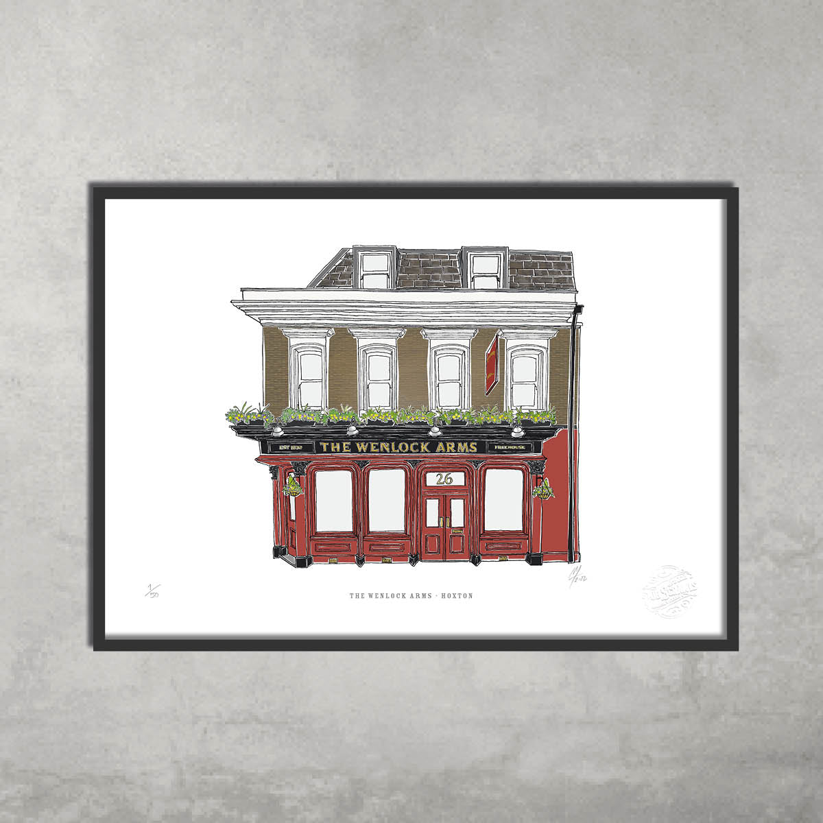 The Wenlock Arms – Limited Edition of 50 A3 colour prints by 45 Original features a red and white two-story pub with flower boxes—an ideal fine art piece for Hackney Pub Crawl fans, displayed on a light gray wall.