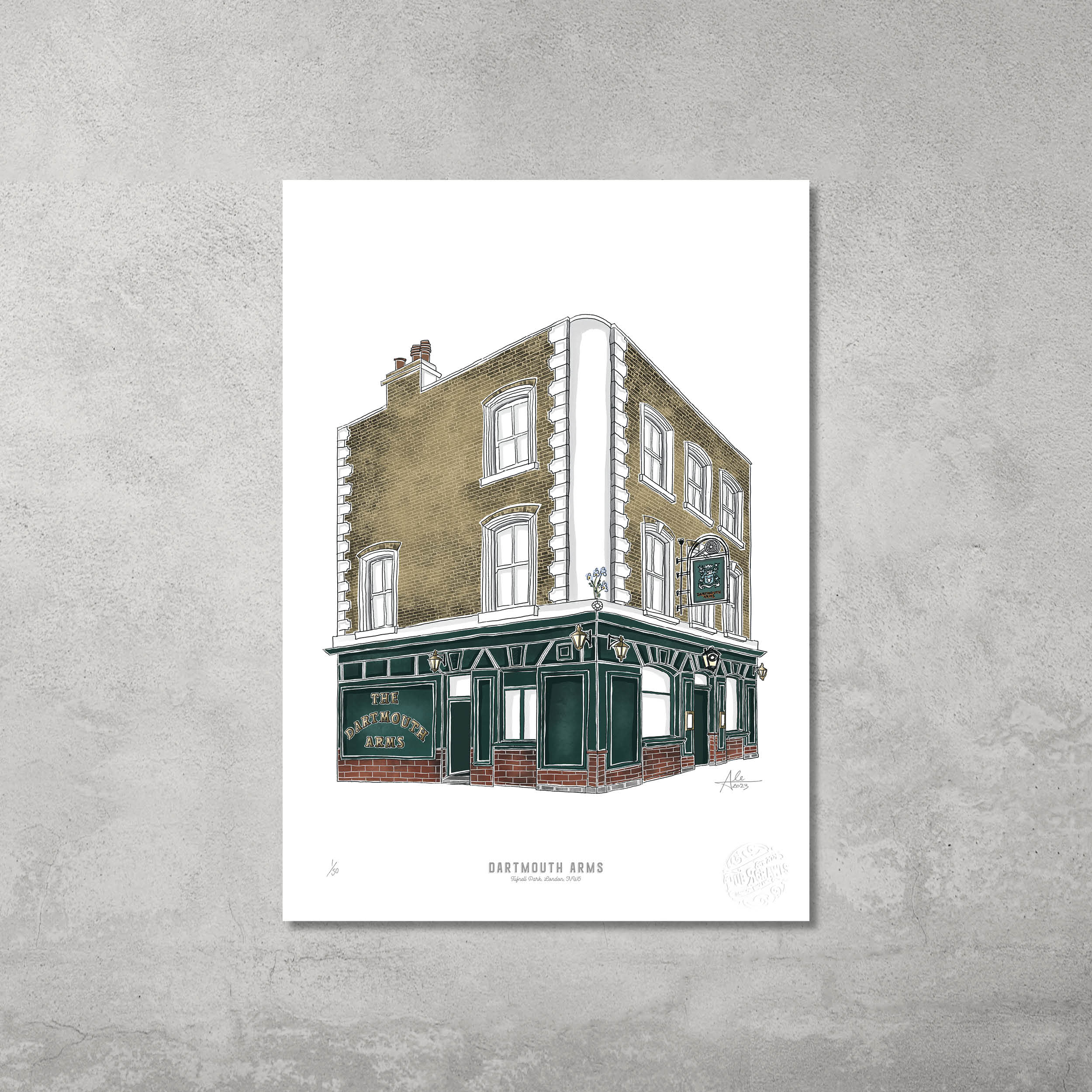 The Dartmouth Arms – Limited Edition of 50 A3 Colour Prints by 45 Original features the iconic three-story pub with tan brickwork and green trim—an ideal keepsake for fans of the Hampstead & Highgate Pub Crawl.
