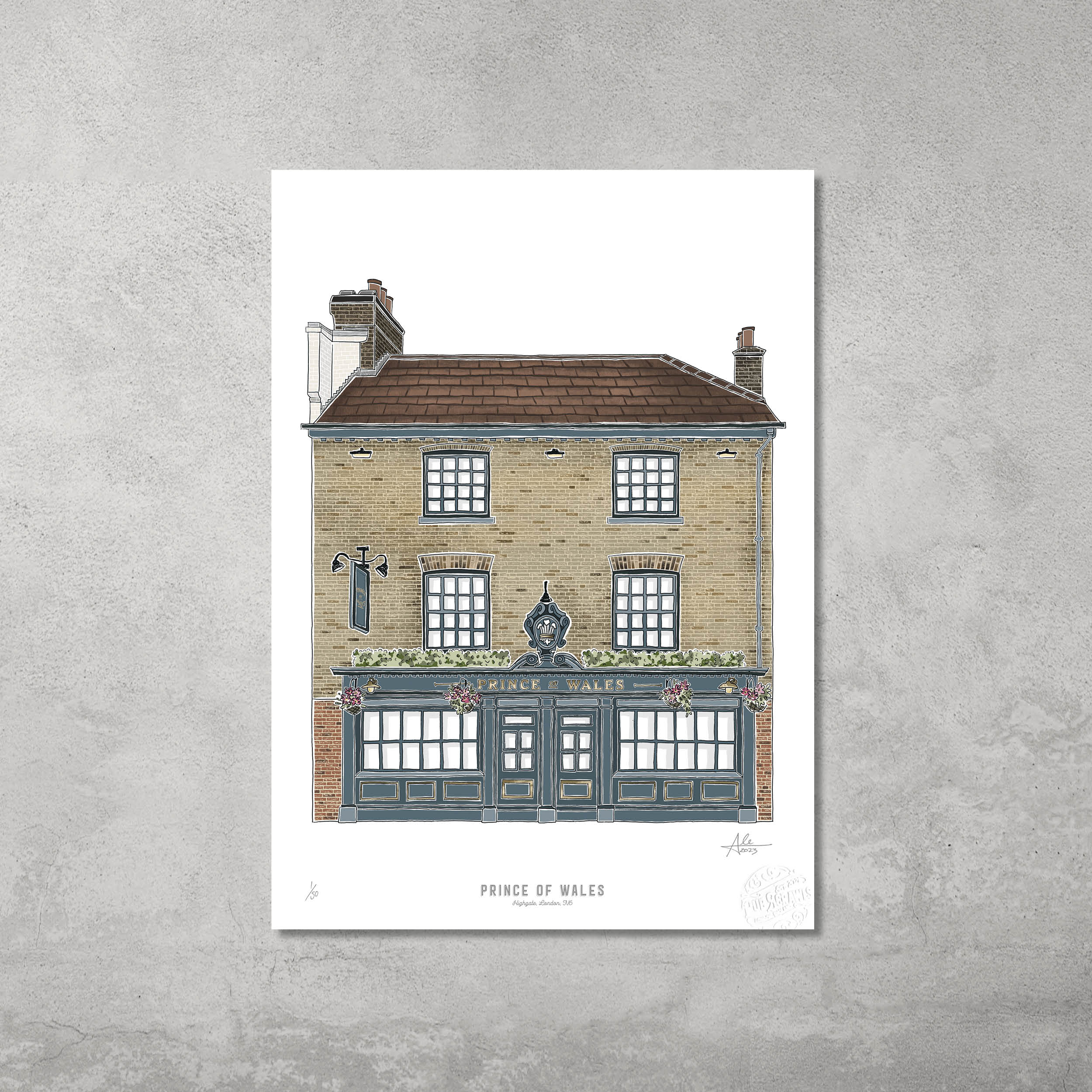 Illustration of the Prince of Wales pub by 45 Original, showing its brick exterior and green woodwork. Available as a limited edition A3 colour print (50 only), part of the Hampstead & Highgate Pub Crawl collection.