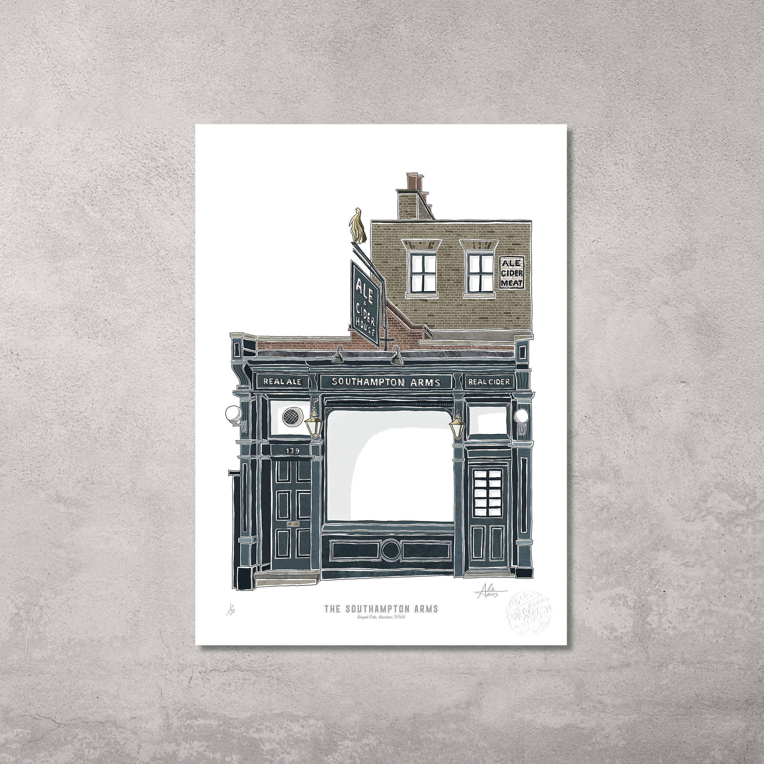 The Southampton Arms – Limited Edition of 50 A3 Colour Prints by 45 Original features a detailed, stylized illustration of the pub’s facade—ideal for Hampstead & Highgate Pub Crawl fans.