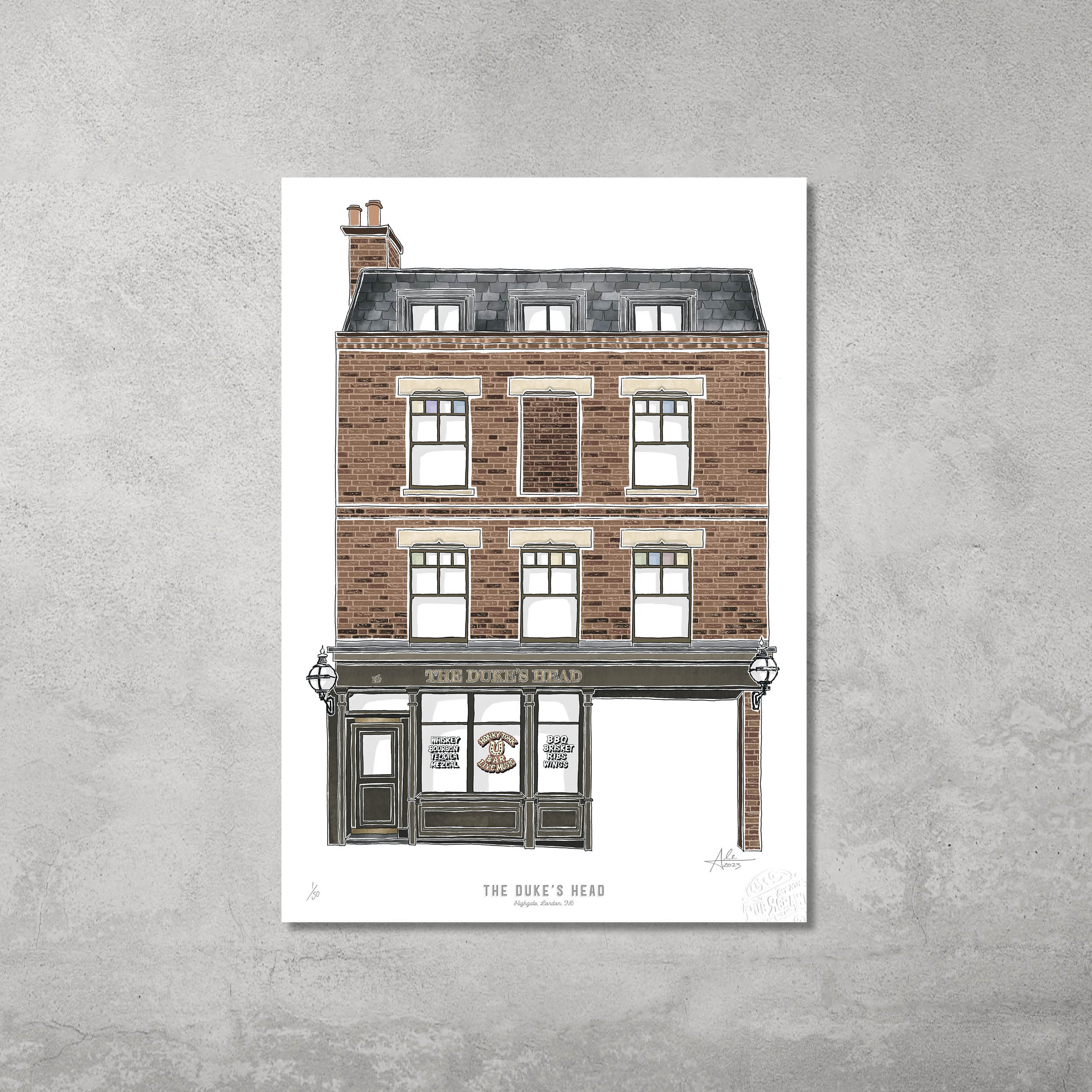 Limited edition A3 colour print by 45 Original showing The Dukes Head, a classic three-story brick British pub, part of the Hampstead & Highgate Pub Crawl series. Only 50 prints available.