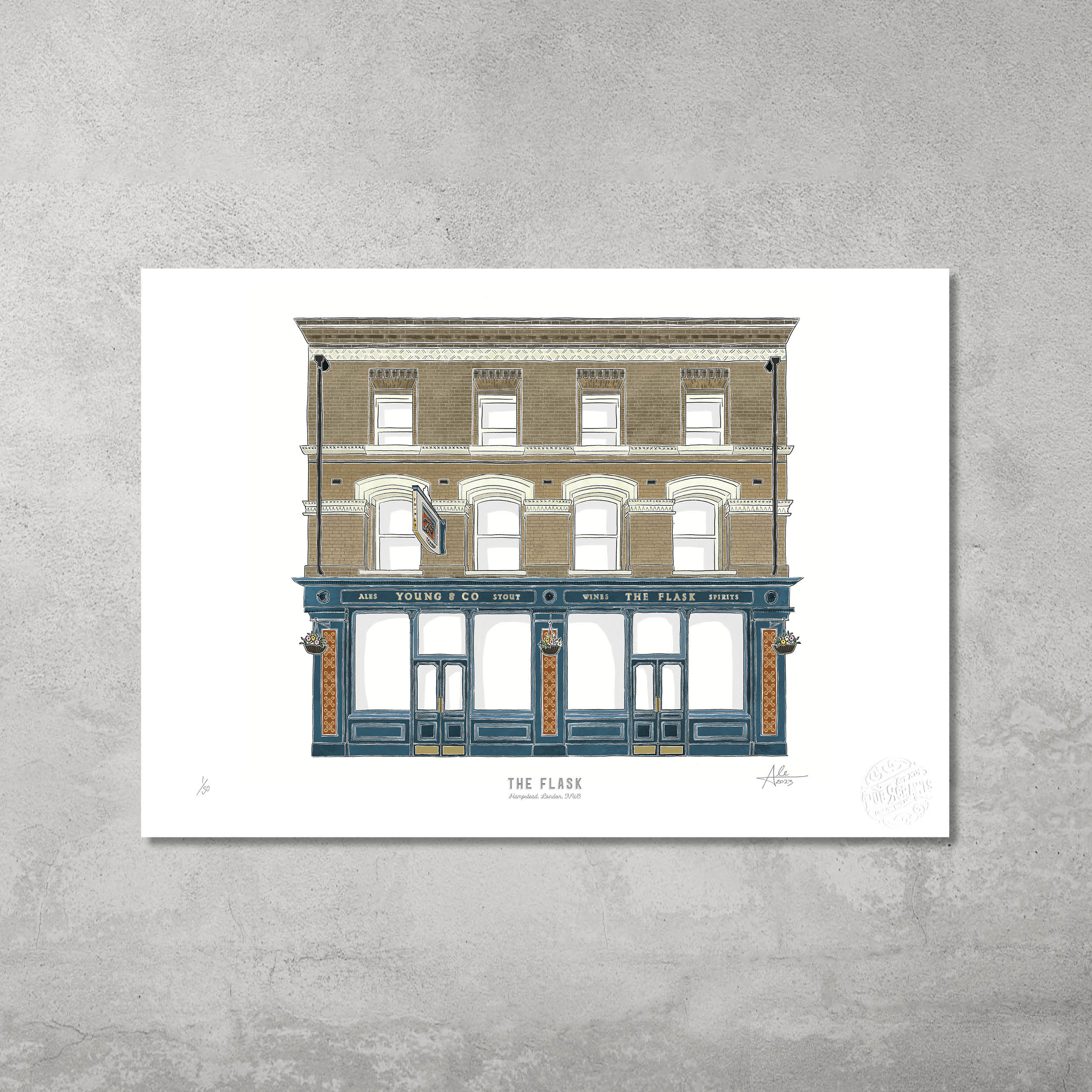 The Flask Hampstead – Limited Edition of 50 A3 colour prints by 45 Original. Features a three-story pub with tan brick walls and a dark blue storefront. Celebrate Hampsteads pub scene—centered on white. Worldwide shipping available.
