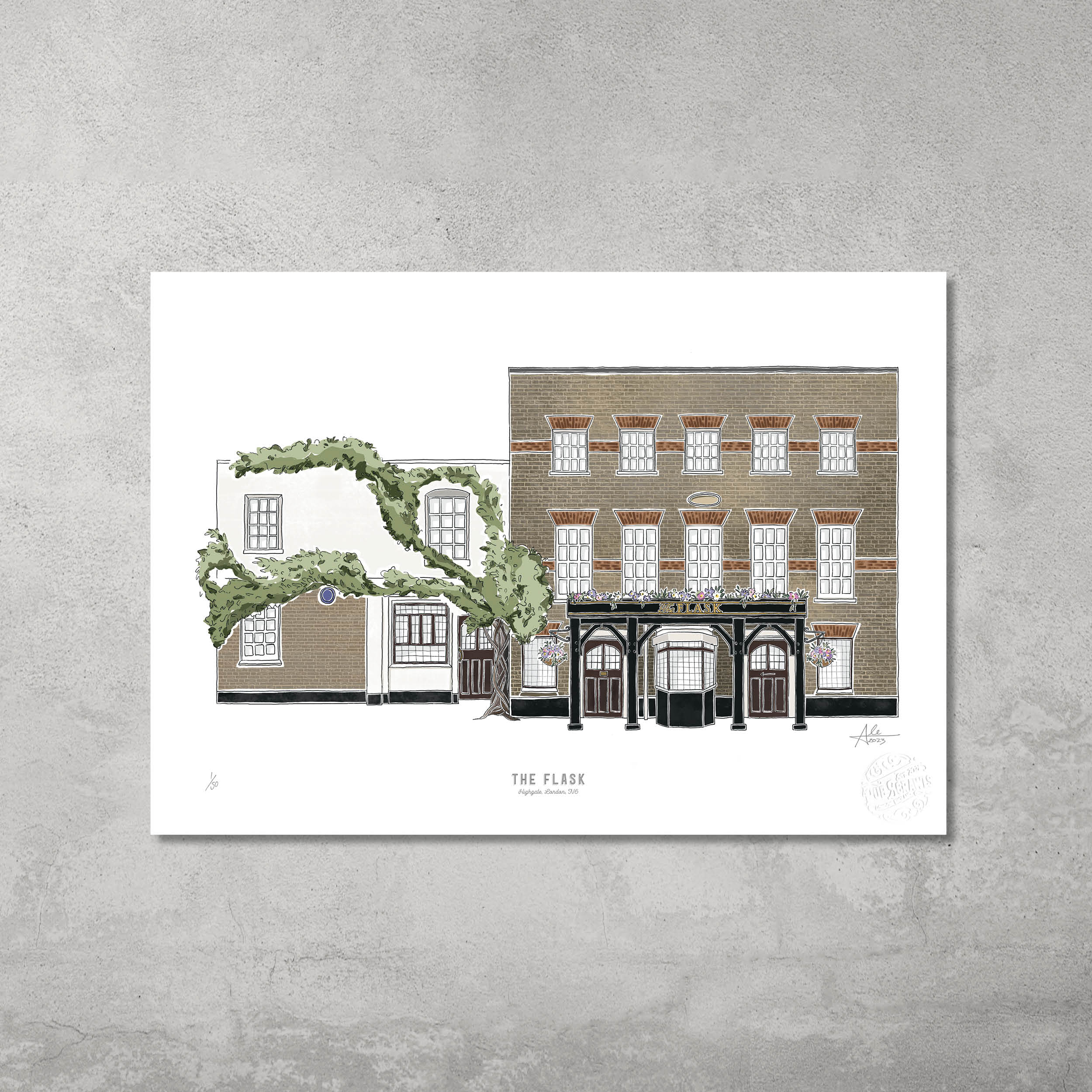 Illustration of The Flask Highgate, a two-story pub with brick facade and large windows, green vines on the side. A3 giclée print from 45 Original’s limited edition of 50, inspired by the Hampstead & Highgate Pub Crawl.