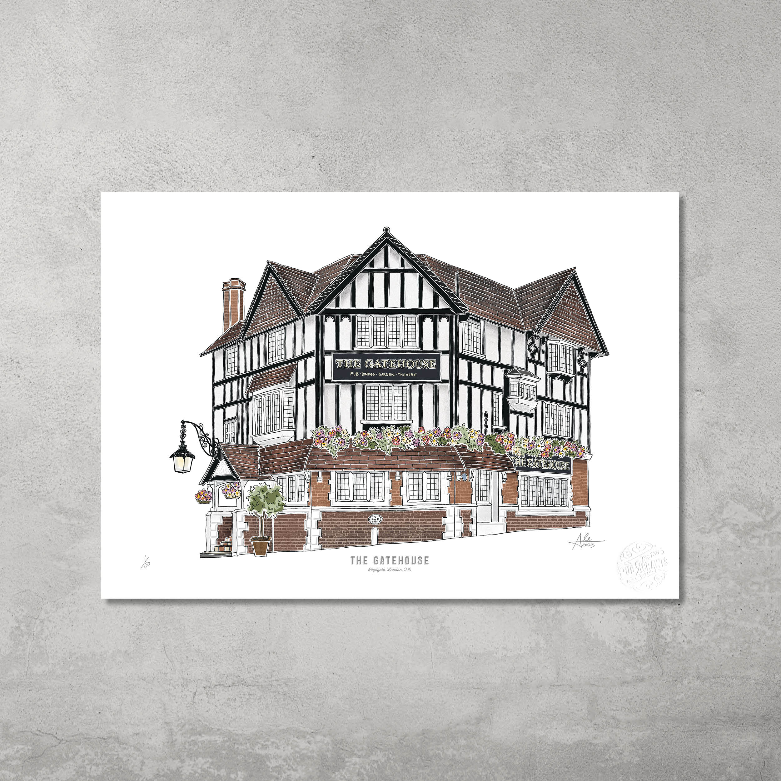 45 Original’s “The Gatehouse” is a limited edition of 50 A3 colour prints, depicting a Tudor-style building with timber framing, red brick, flower boxes, and a lantern—part of the Hampstead & Highgate Pub Crawl series.