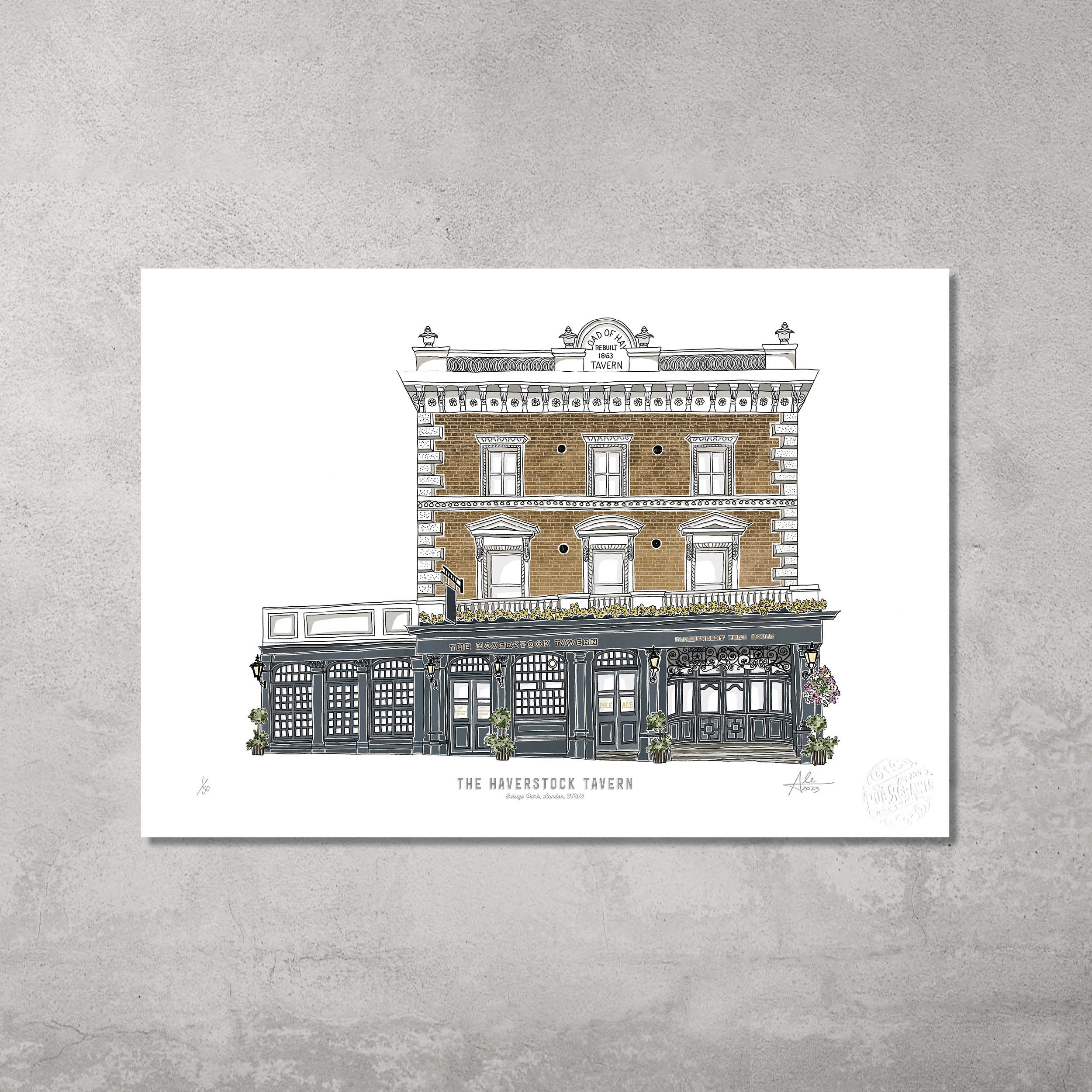 The Haverstock Tavern – Limited Edition of 50 A3 Colour Prints by 45 Original: features a detailed illustration of the iconic three-story pub, ideal for Hampstead & Highgate Pub Crawl fans.