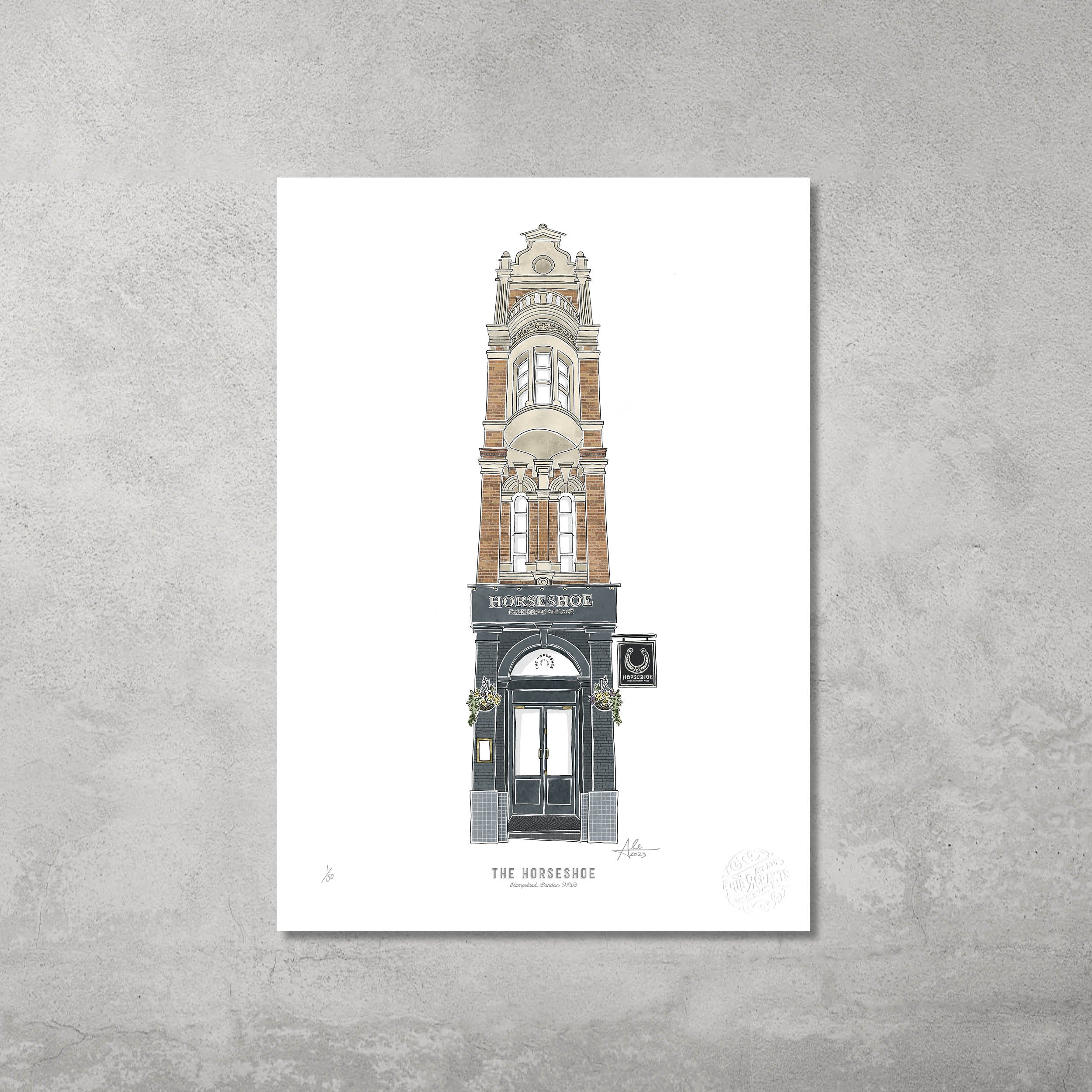 A detailed illustration of The Horseshoe, a tall brick building, on plain white, by 45 Original. This A3 colour print (limited edition of 50) captures the Hampstead & Highgate Pub Crawls charm against a textured gray wall.