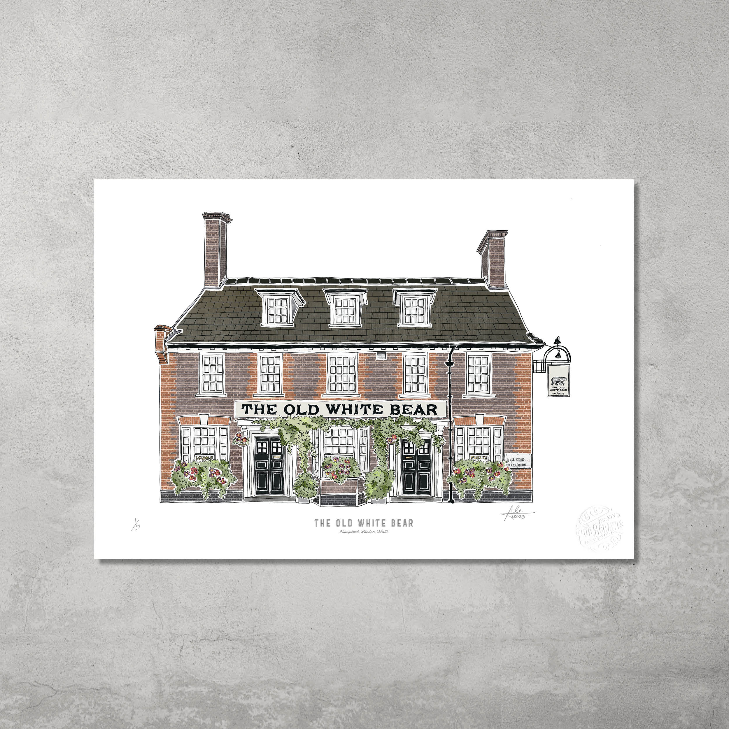 The Old White Bear – Limited Edition of 50 A3 prints by 45 Original features a red brick pub with black roof, hanging sign, and flower boxes. Ideal for Hampstead & Highgate Pub Crawl fans.