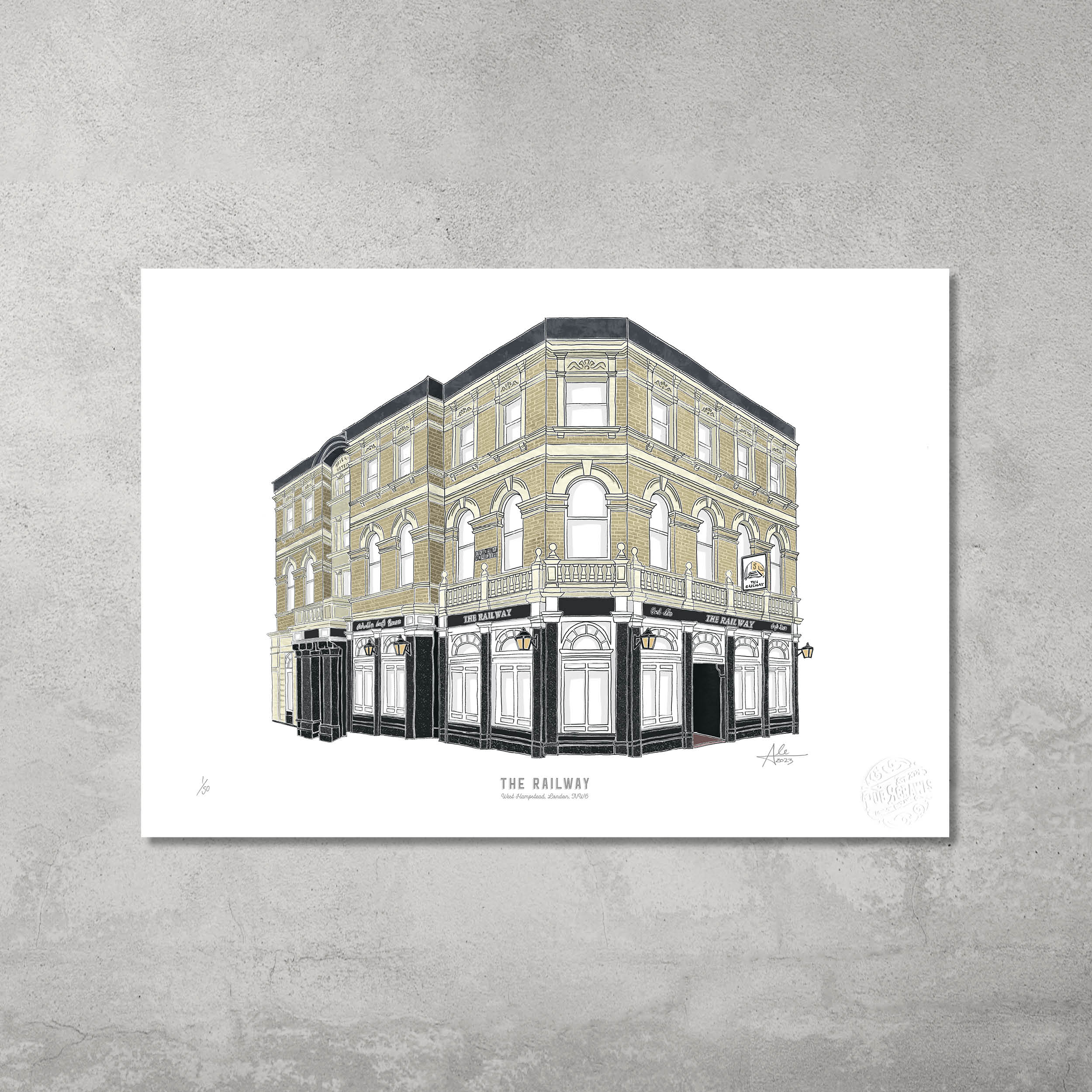 The Railway – Limited Edition of 50 – A3 Colour Print by 45 Original features a Victorian-style corner building with detailed brickwork, arched windows, and ornate elements, shown on a gray concrete wall.